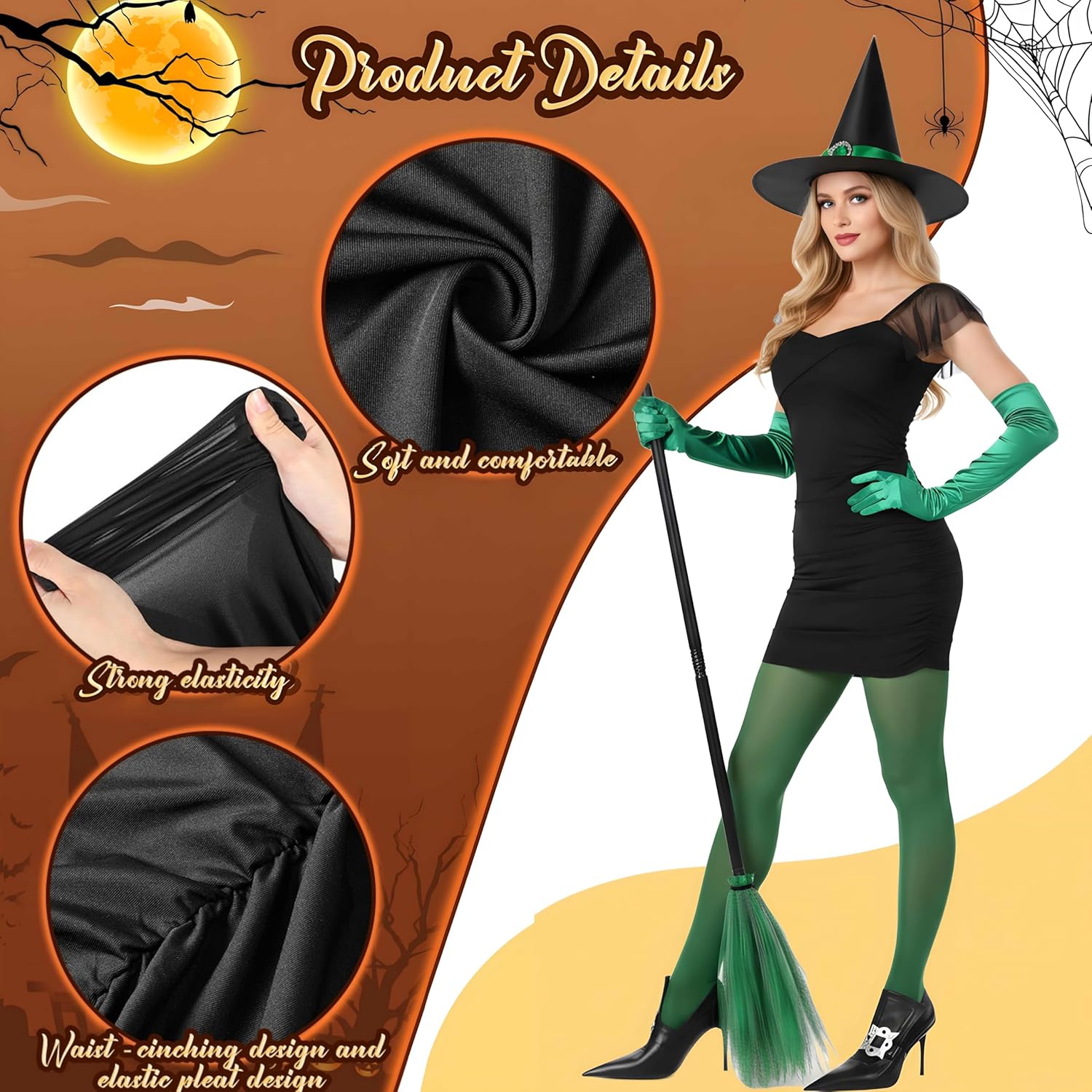 Suhine Halloween Witch Costumes 6 Pieces Witch Movie Outfit Accessories Green for Women Adult Cosplay Set - Image 5