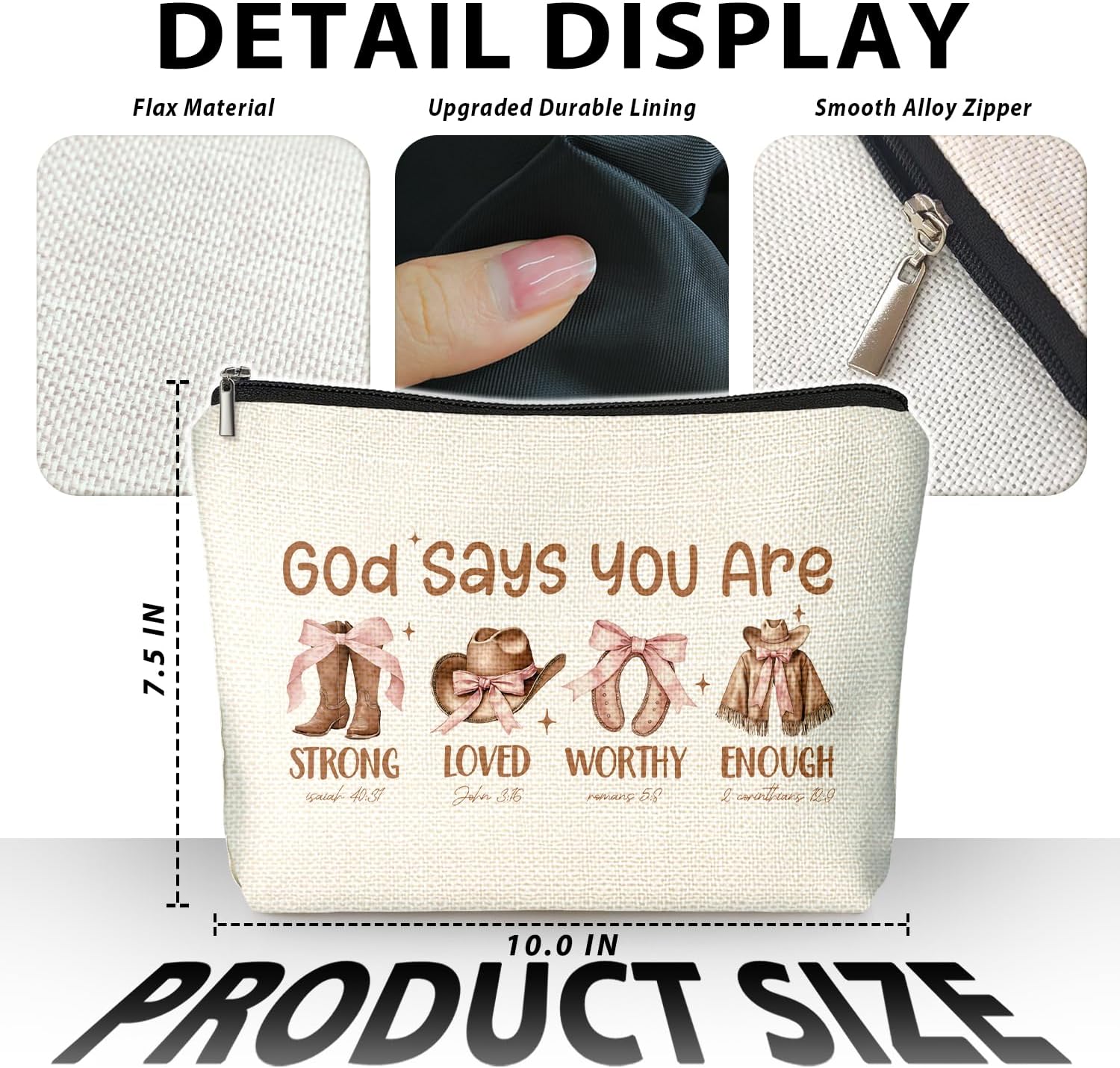 Coquette Pink Bow Western Christian Makeup Bag, God Says You Are Pink Girly Cosmetic Bags for Women, Cowgirl Gifts for Girls Women, Preppy Aesthetic Zipper Makeup Pouch image 2