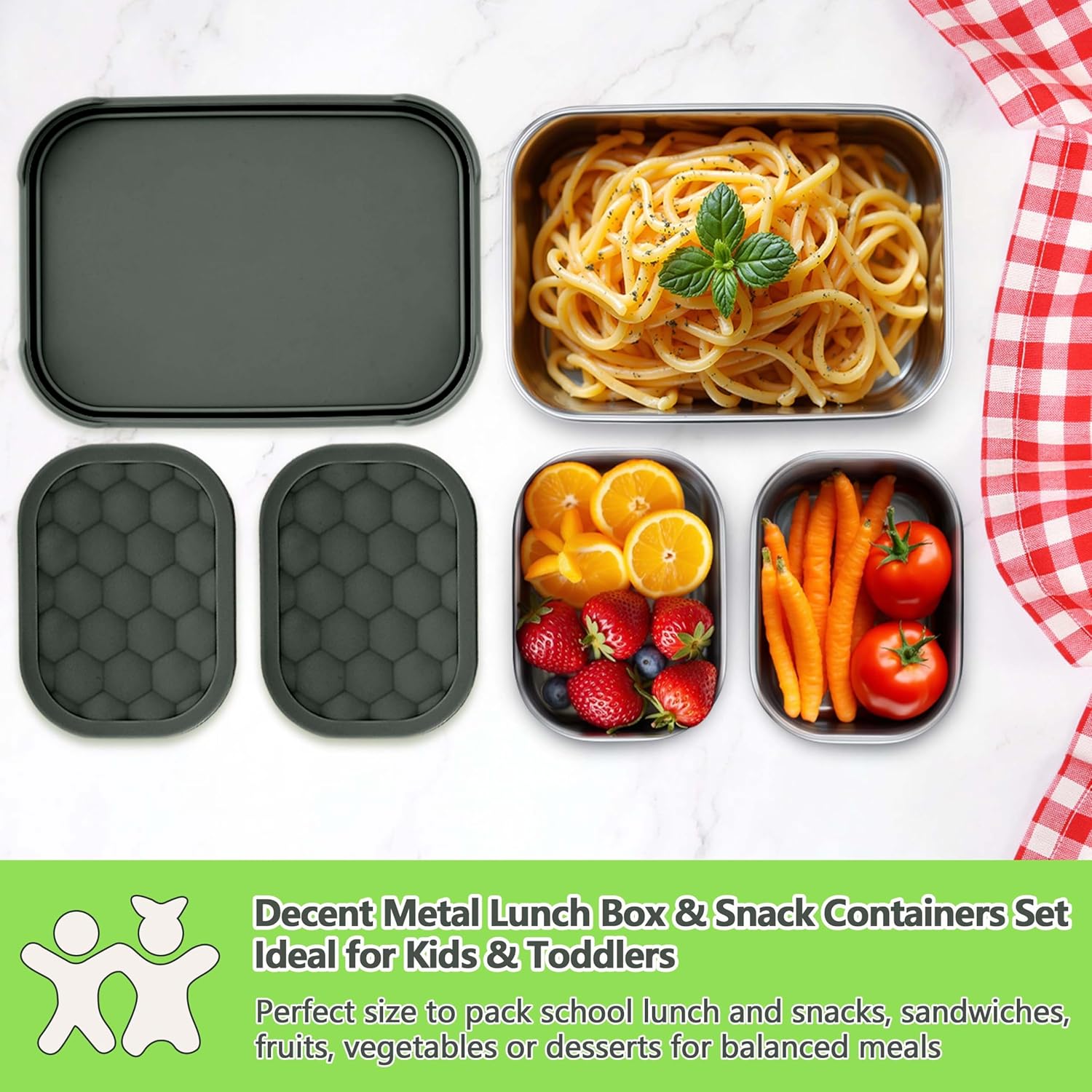 Homikit 3 Pack Kids Lunch Box Set, 18/10 Stainless Steel Bento Boxes with Silicone Lids Leak Proof, 5 Cups Reusable Metal Food Snack Containers for School Daycare, Nontoxic & Dishwasher Safe, Gray - Image 6