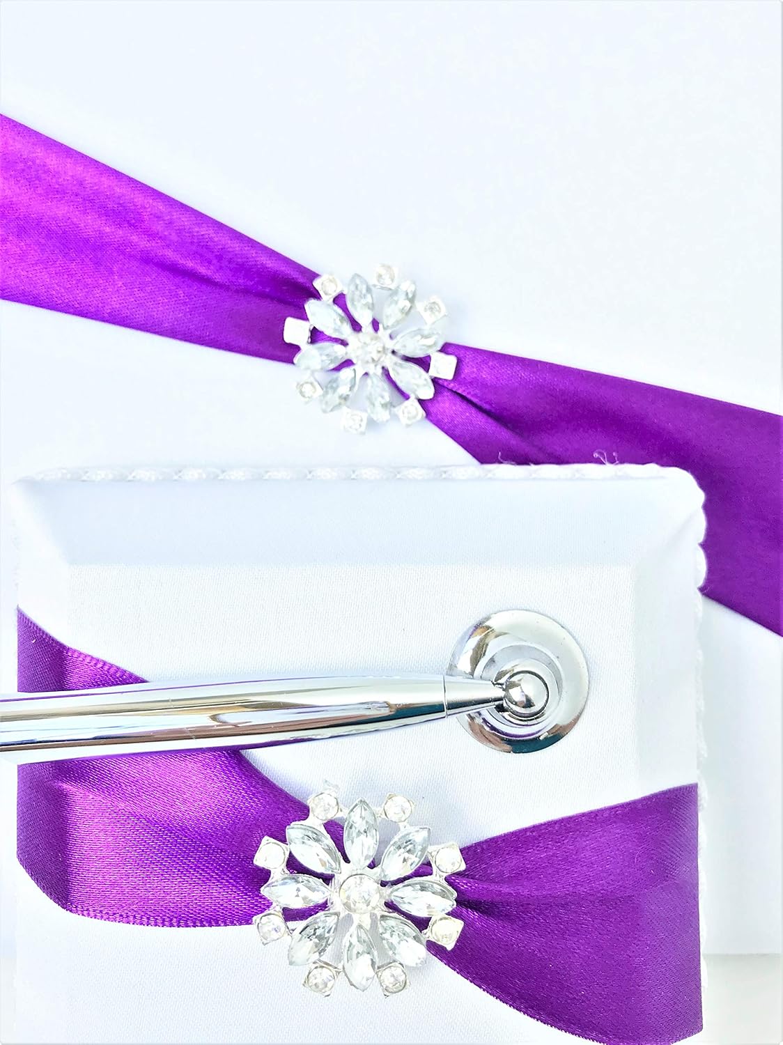 JC Classics Wedding Guest Book and Pen Set | Guest Book Wedding Set with Lined Pages for Sign in | Glittering Flower Rhinestone & Purple Satin with Royal Touch Guestbook Wedding