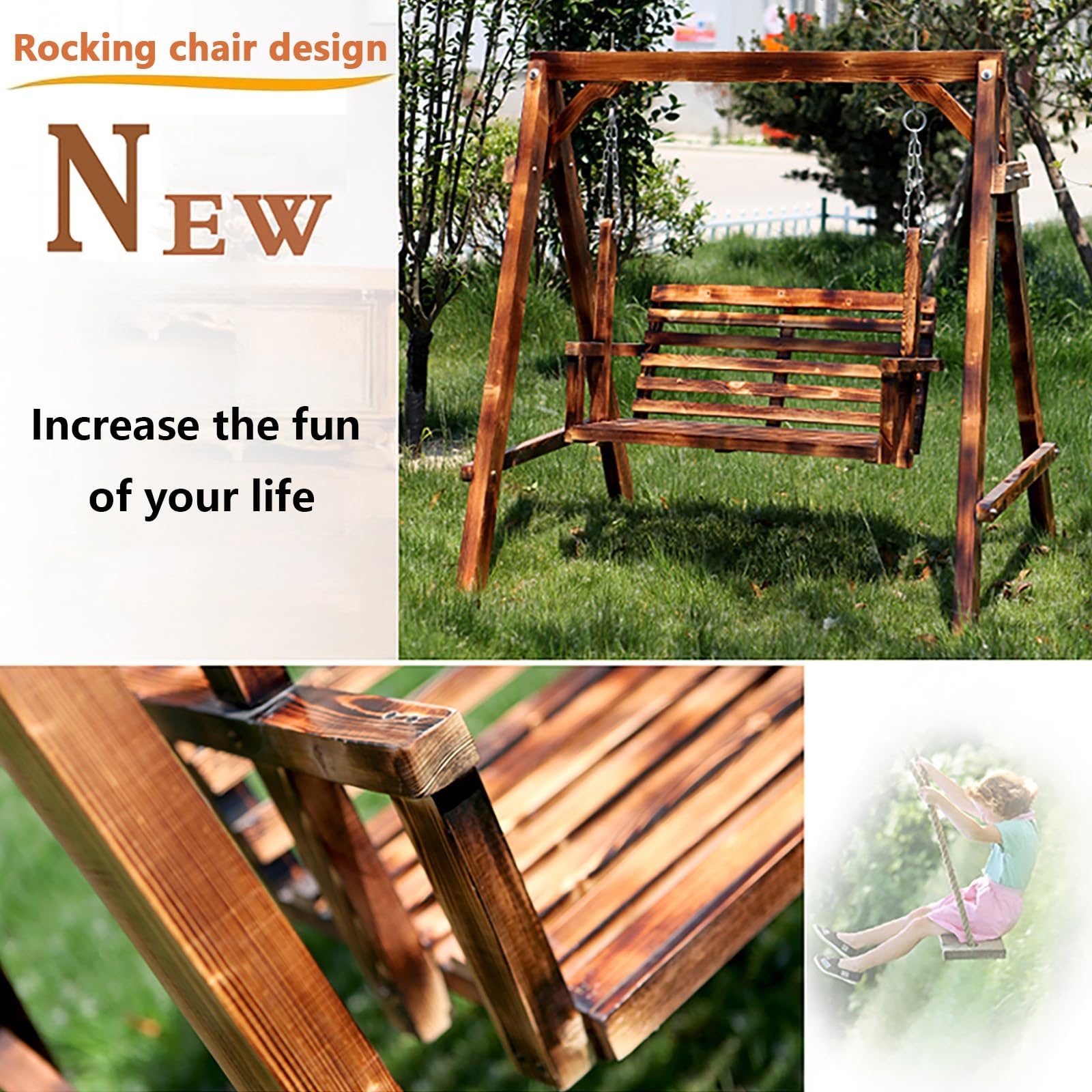 Dondolo da Giardino a 2 posti, in Legno, con braccioli, per Il Giardino, terrazza e Patio, 140 x 120 x 152 cm
