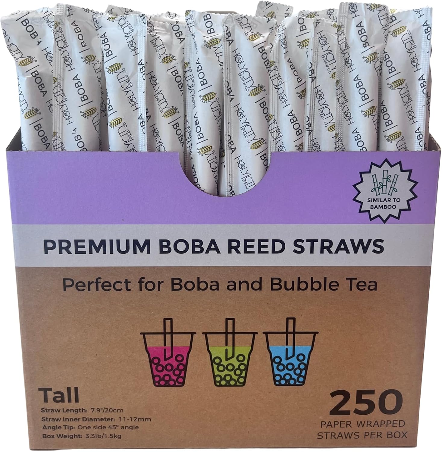 Boba Reed Drinking Straws | 4500ct. | 8” Long, 12mm wide | Similar to Bamboo | Wrapped | 100% Plant-based, Certified Compostable | Great for Boba, Bubble Tea & Milkshakes
