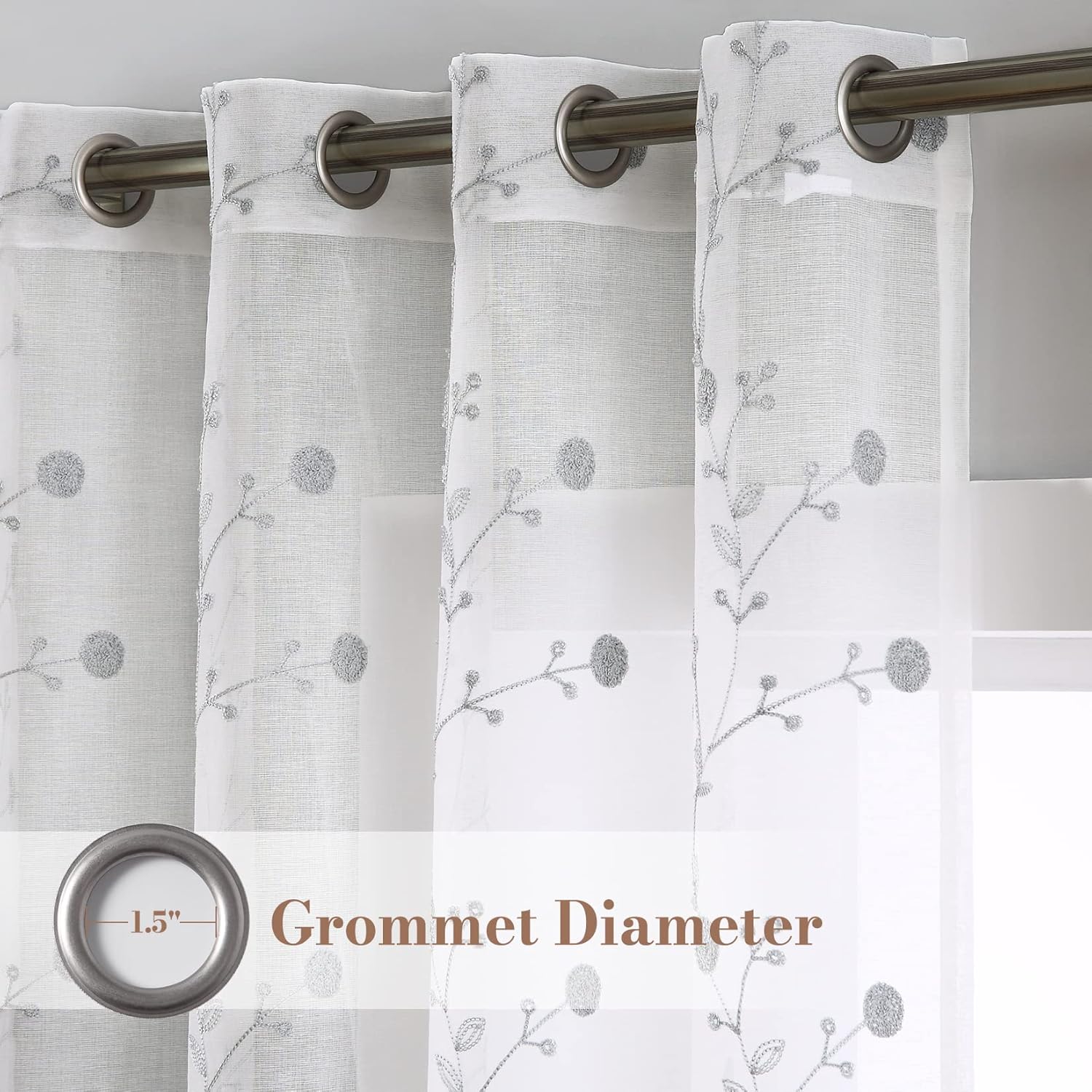 CAROMIO Voile Curtains 84 Drop Pair, Floral Embroidered Linen Look