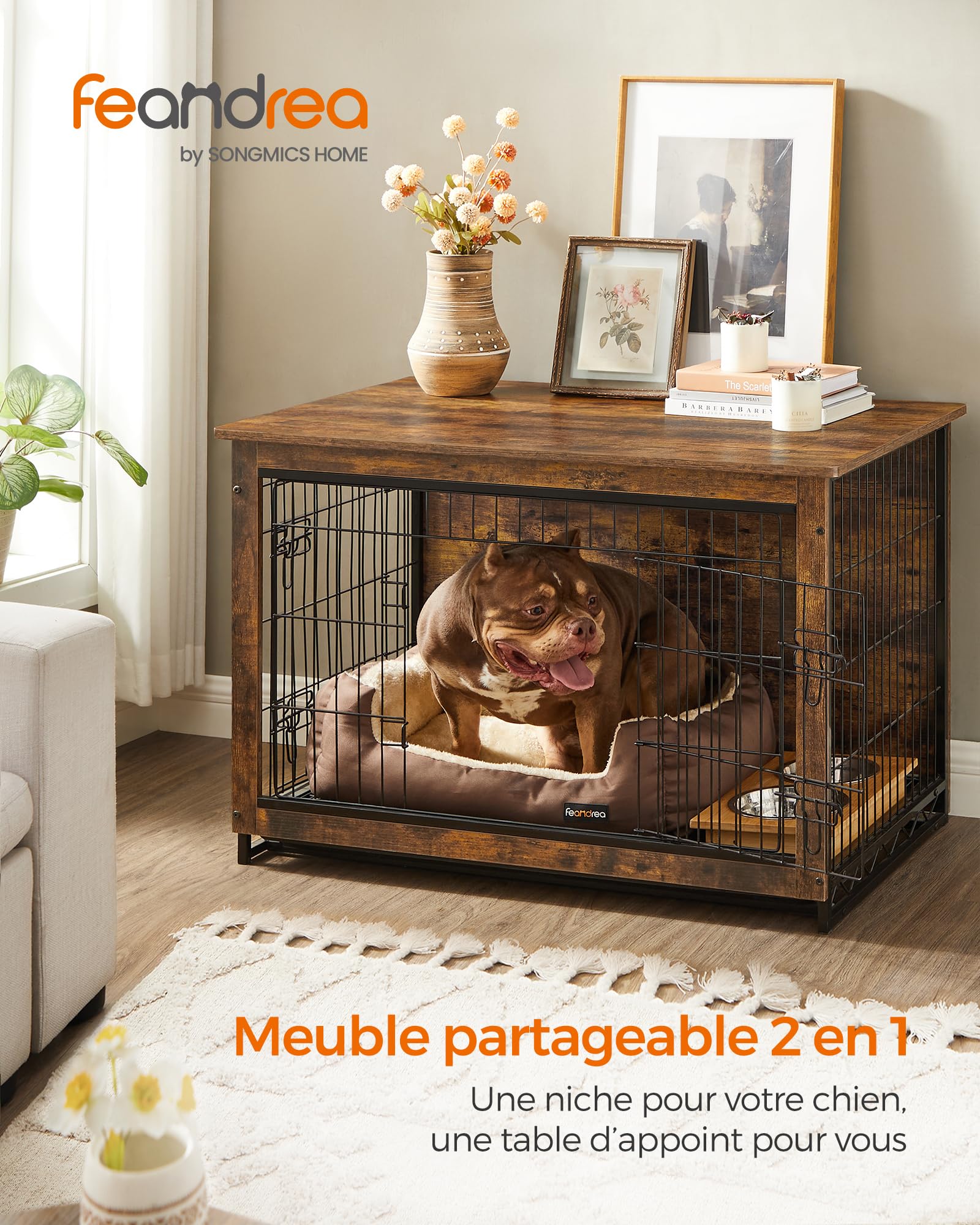 Feandrea Cage pour Chiens, Table d’Appoint, Niche Moderne pour Chiens Jusqu’à 32 kg, Cage pour Chiots, Plateau Amovible, Maisonnette pour Animaux, 2 Portes, Marron Rustique PFC003X01