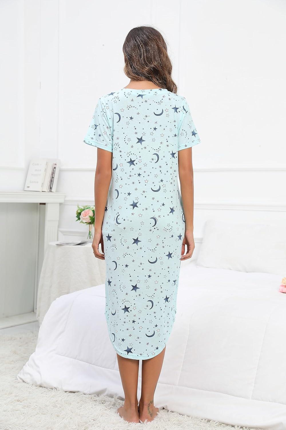 PNAEONG Women Short Sleeve Long Nightgown Soft Cotton Sleepwear Nightshirts Loungewear with Pockets - Image 7
