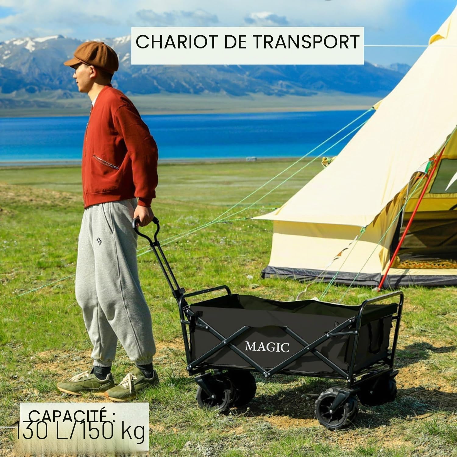 𝗖𝗵𝗮𝗿𝗶𝗼𝘁 𝗽𝗼𝘂𝗿 𝗹𝗮 𝗣𝗹𝗮𝗴𝗲 Pliable pour le Camping, le Pique-Nique, etc. Chariot Transformable en Table de Jardin. Chariot de Transport avec sac et Poignée Réglable. Brouette avec Freins.