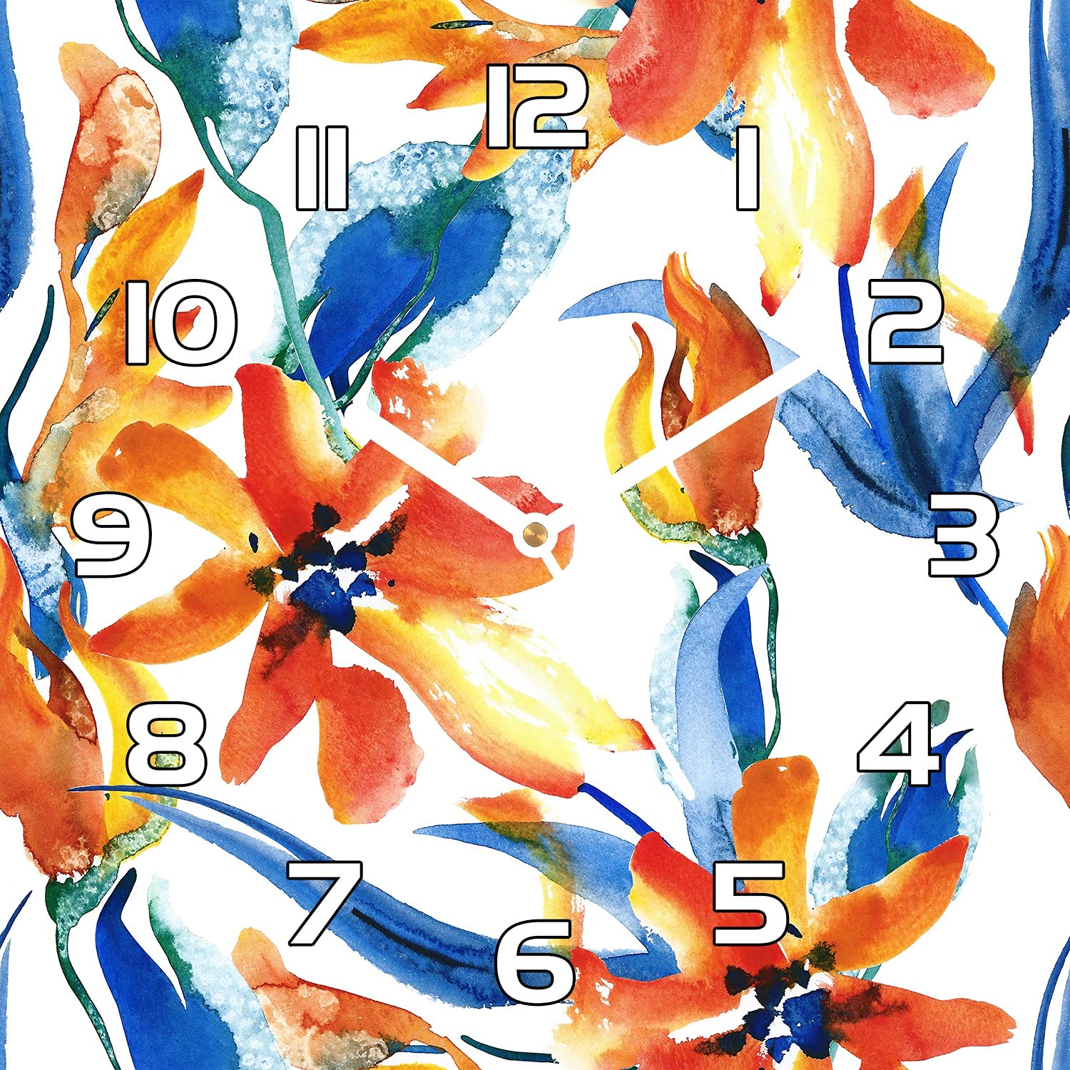 Horloge en verre 30x30 cm Sunny Flowersful floral orange avec aiguilles blanches