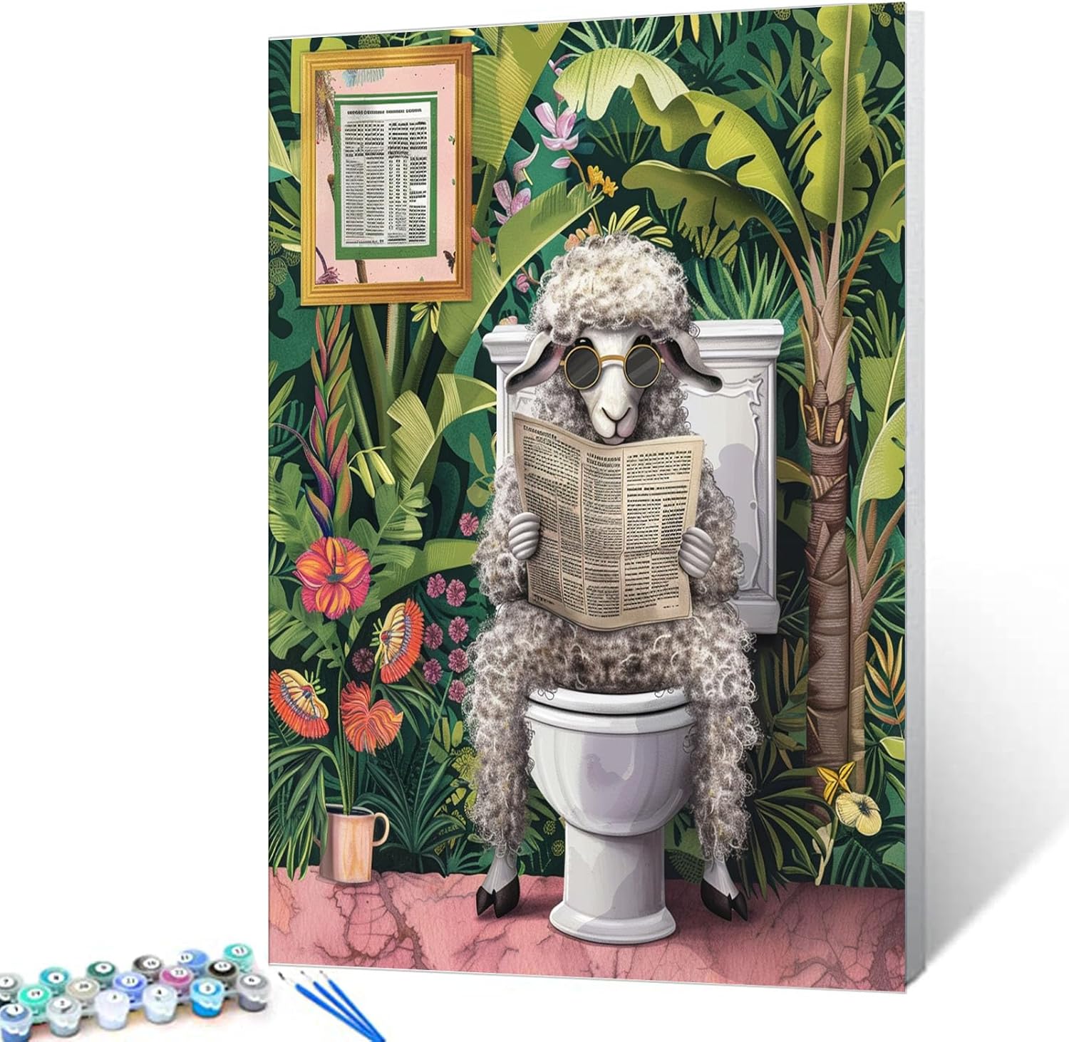 Tucocoo Cute Lion in Toilet DIY Oil Paint by Number Kits for Adults Beginner on Canvas Abstract Animals Watercolor Painting Drawing with Brushes Home Wall Bathroom Decorations16x20Inch Frame