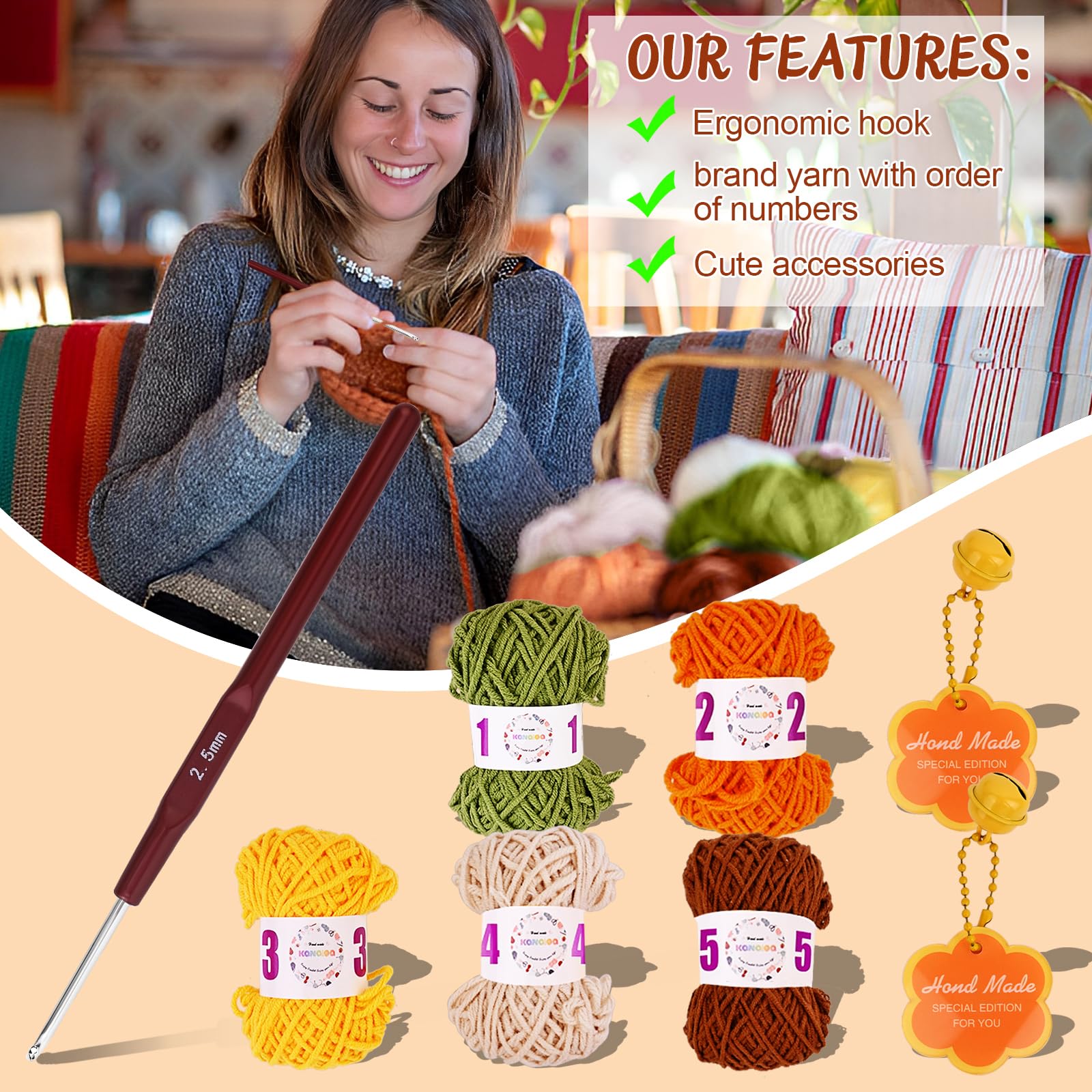 KANALOA Kits de ganchillo para principiantes, juego de punto hecho a mano con hilo, ganchos, tutoriales en video, bonitos regalos para adultos, mujeres, mini cartera vintage Kisslock monedero bolsa de