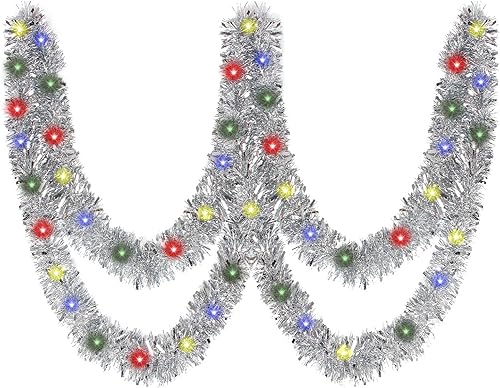 KIMOBER 32.8 Ft Christmas Prelit Tinsel Garland, Silver Metallic Garland with 100 LED Lights for Christmas Tree Decoration,Wedding Party Supplies
