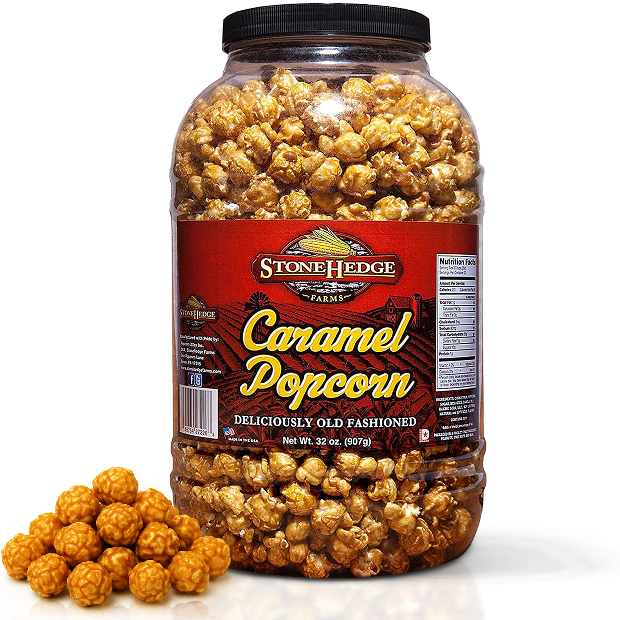 Stonehedge FarmsCaramel Flavored Popcorn - 32 oz Large Tub - Bulk Gourmet Deliciously Old Fashioned Popped Sweet Snacks - Made in the USA