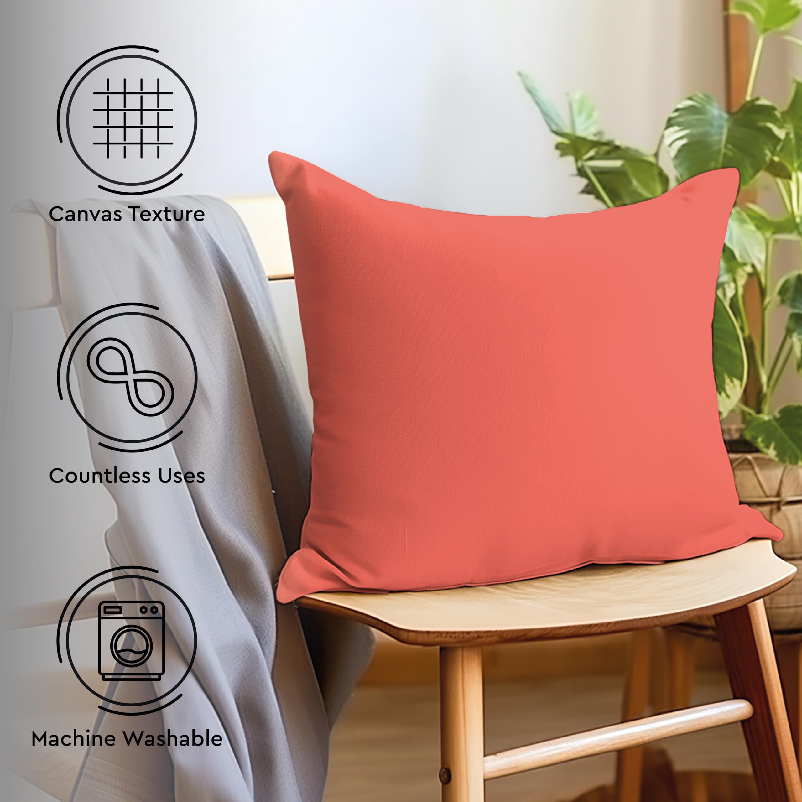 Encasa XO Cotton Throw Pillow Covers Set of 2 I 16x16 in (40x40 cm) - Coral I No Insert I Plain Square Pillowcases I Machine Washable - Image 3