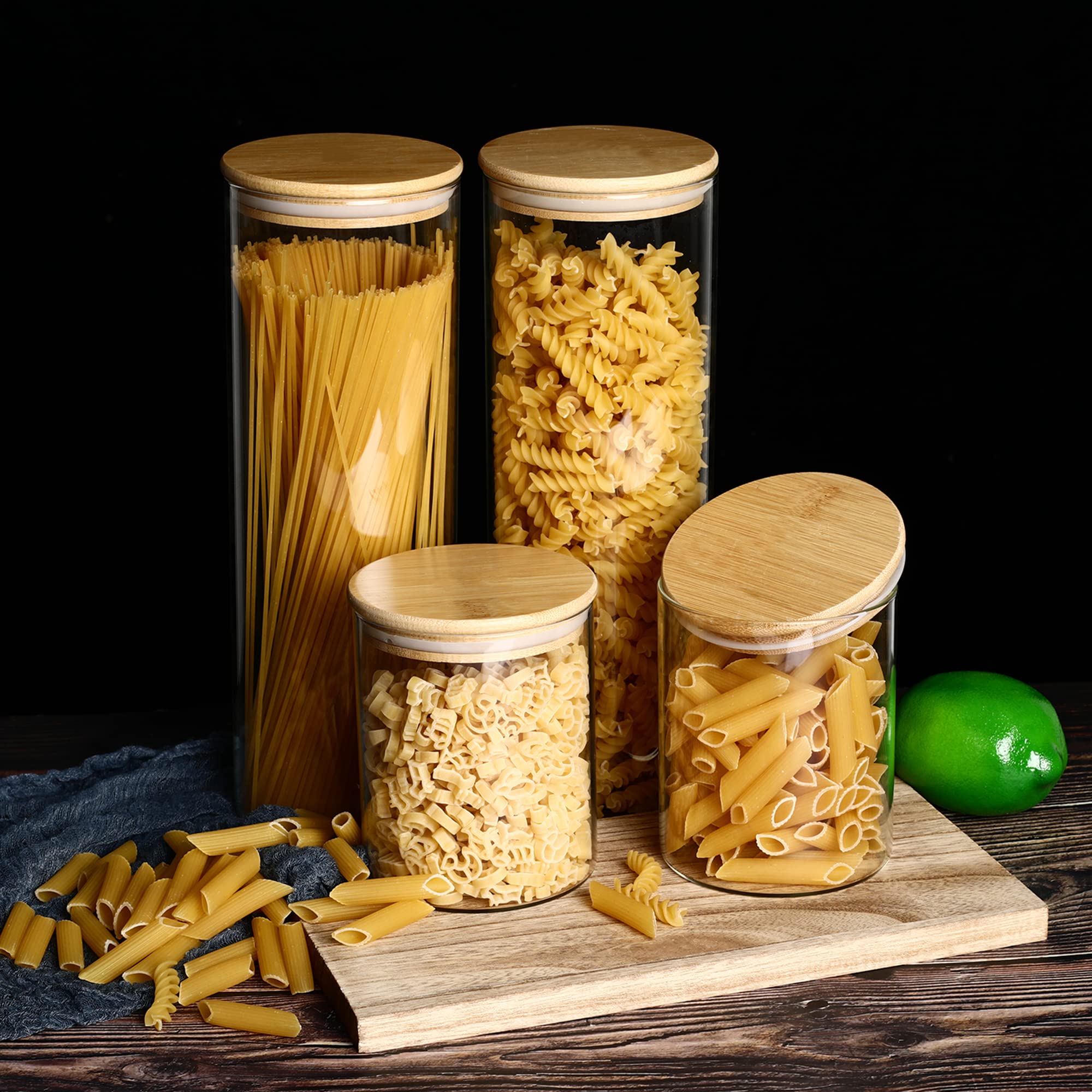 LIBWYS Spaghetti Glas mit Deckel 4er Set Pasta Vorratsgläser 5.6L in 2 Größen : 2000ml 800ml - Luftdicht Aufbewahrungsgläser Nudelglas