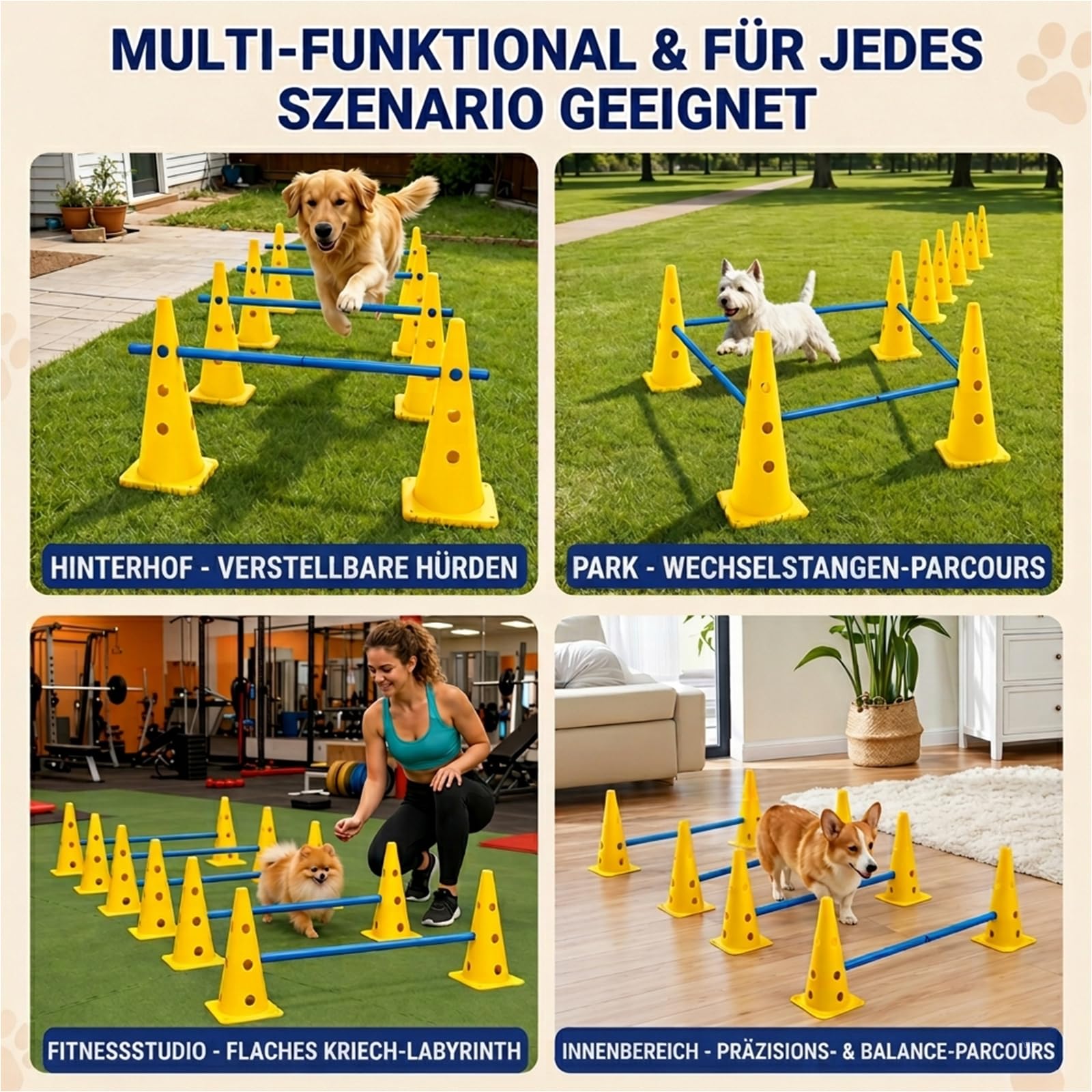 Agility Set Hunde mit 6 Hürden, Cavaletti Hund Trainingsset, 12 Verstellbare Stangen & 12 Pylonen, Hundetraining Zubehör für Hunde Agility, Hobby Horse & Kinder Parcours