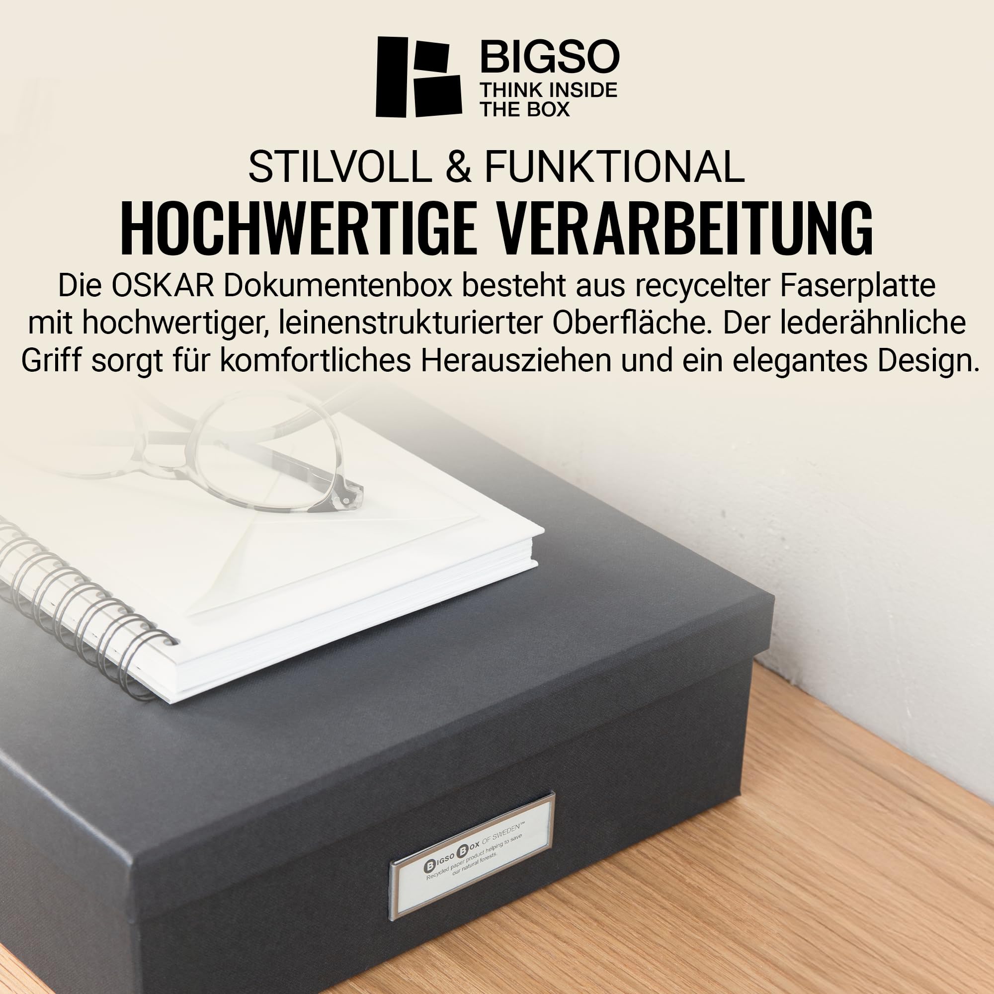 BIGSO BOX OF SWEDEN OSKAR Pudełko na dokumenty A4, broszury itd. – półka na biurko z pokrywką i uchwytem – pudełko do przechowywania z płyty pilśniowej i papieru – czarne