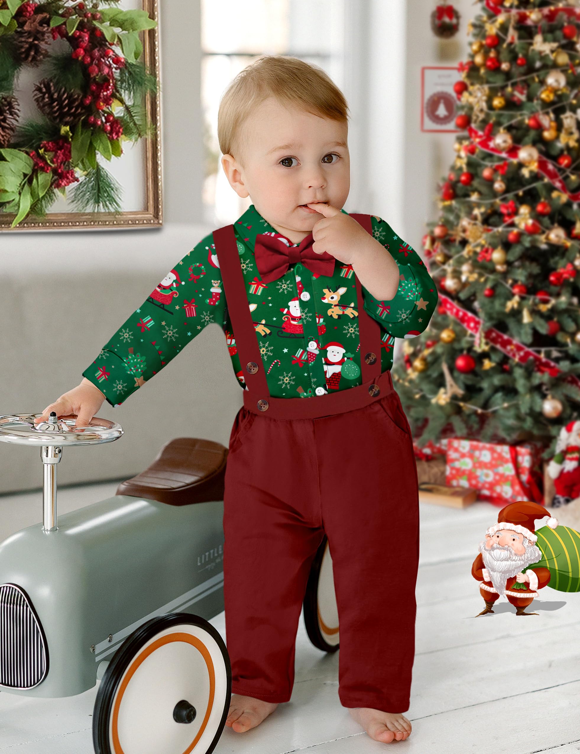 Weihnachtsoutfit für Babys, Kleinkinder, Jungen, Rentier, bedruckt, abnehmbare Schleife, Hemd, Oberteil, Hosenträger und Hose, Sets für Jungen
