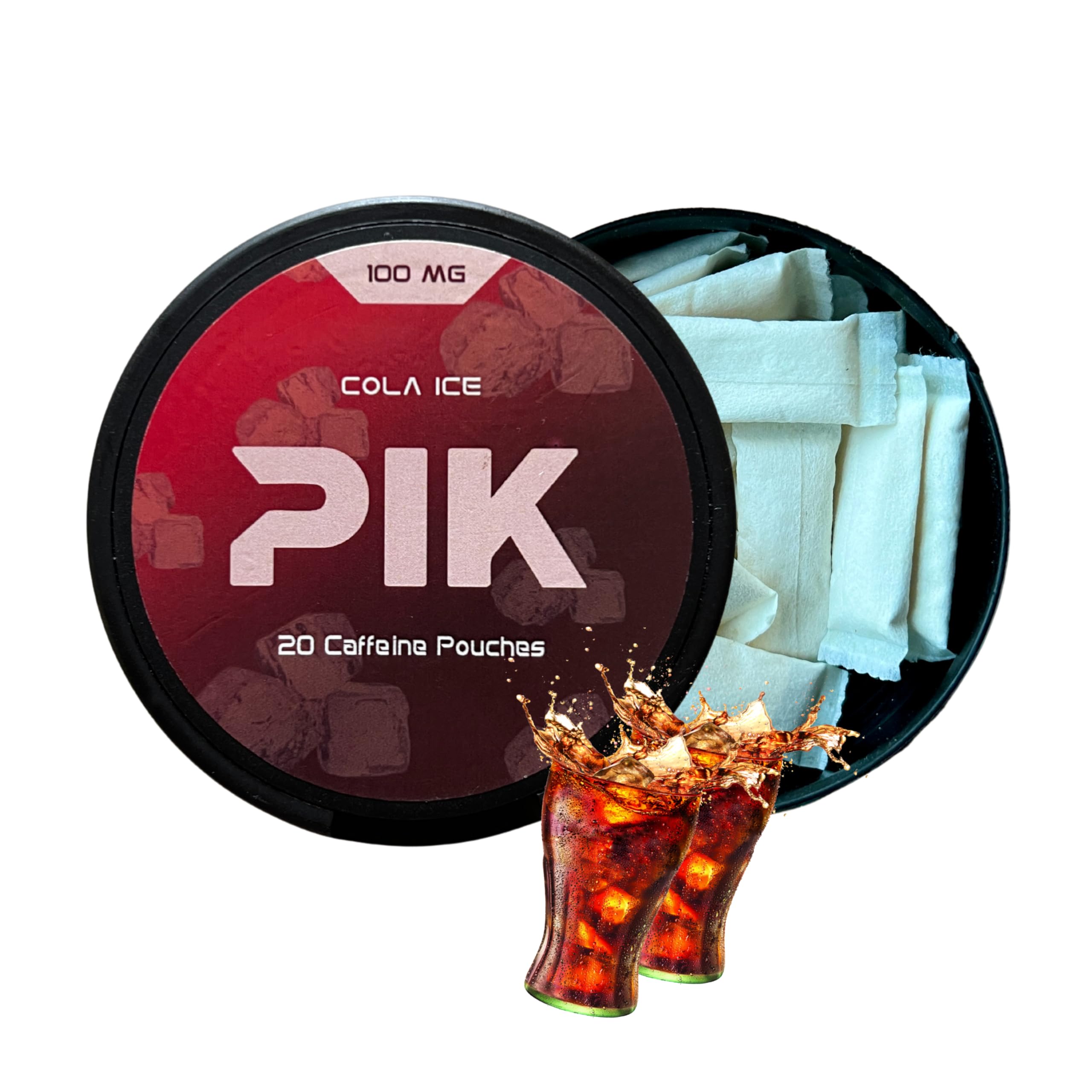 PIK Caffeine Pouches - Cola Ice Flavor | 20 Pouches -100mg Strength Each | Nicotine & Tobacco Free | Energy Boost & Workout Supplement | Coffee Addicts' Delight