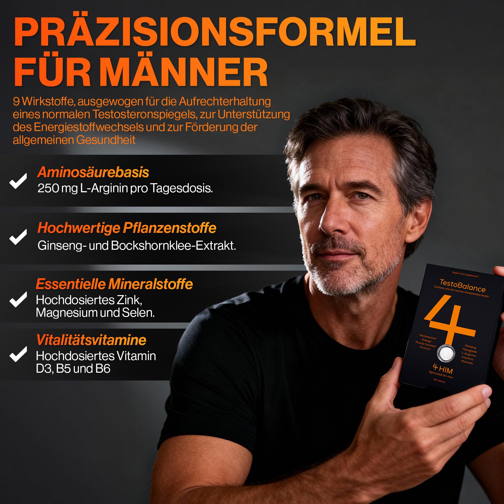 4 HIM TestoBalance Hochdosiert für Männer – ZMA, Ginseng & Bockshornklee – Zink für Testosteronspiegel – Magnesium, B6, L-Arginin & Selen – 60 Vegane Tabletten – GMP-Zertifiziert