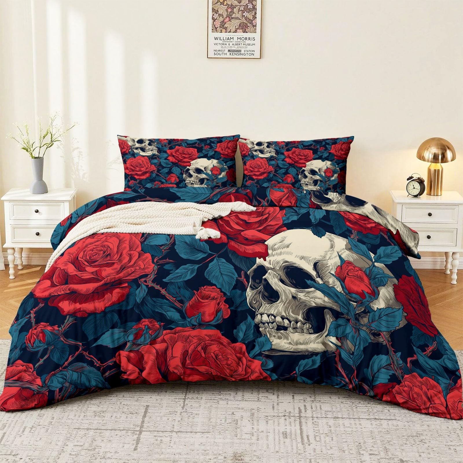 Housse de couette 240x260 microfibre douce zippée crânes et roses