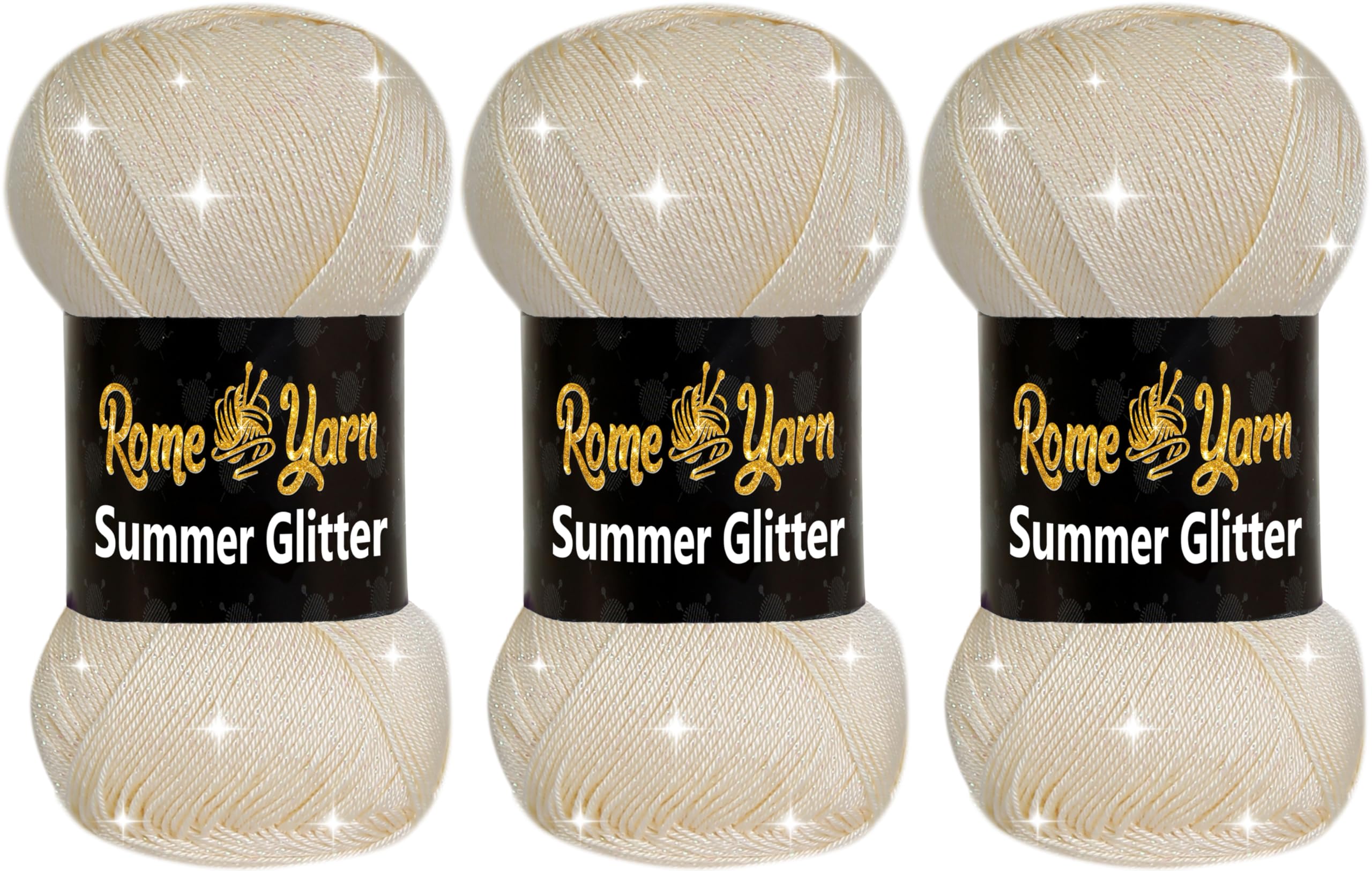 Summer Glitter Yarn 3 Pack (3 x 100g) | Metallic Sparkle Lace Yarn | Soft Anti-Pilling Acrylic Microfiber | Fine Yarn #2 | Silky Satin Texture | 340m Each for Knitting & Crochet (25 Cream) โ image 1