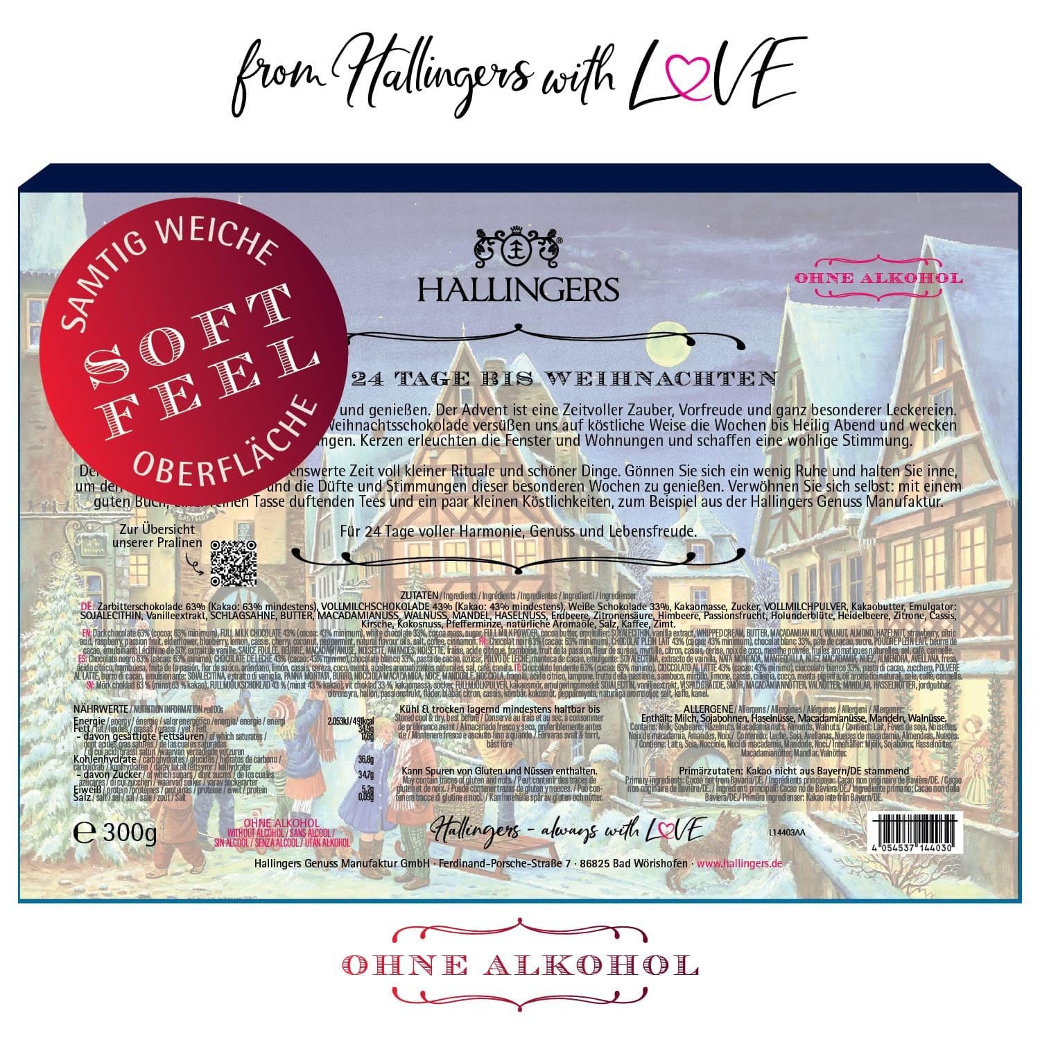 Hallingers Genuss Manufaktur Pralinen Adventskalender - ohne Alkohol, handmade aus Confiserie-Edelkakao in wertigem Softfeel-Karton "Rothenburg", Weihnachtskalender für Frauen Männer