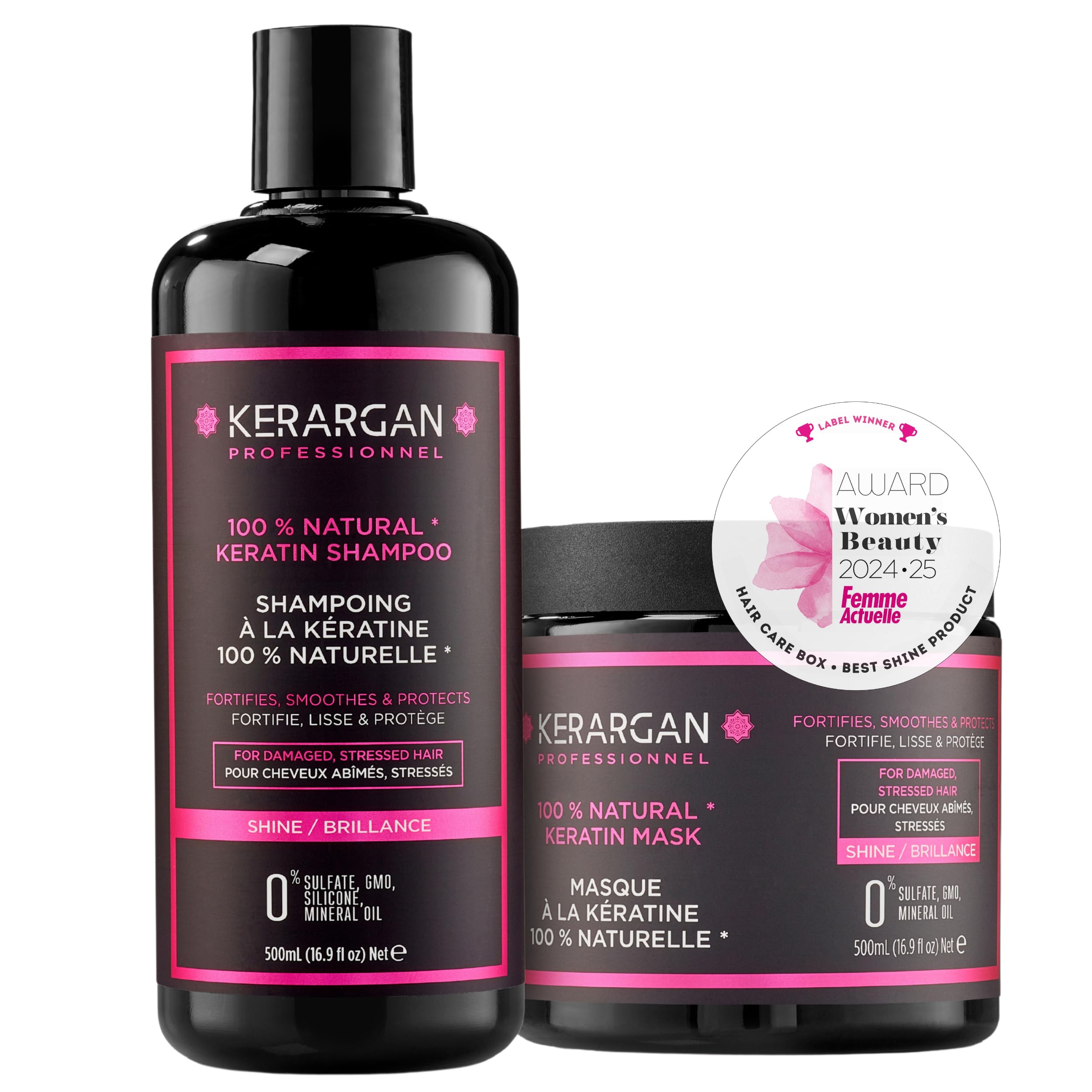 Kerargan - Duo Ultra Reparatur Shampoo & Maske mit Keratin für strapazierte und gestresste Haare - Nährt, Glättet & Schützt - Ohne Sulfate, GVO, Silikone - 2x500 ml | Shampoo und Haarmaske reinigen und reparieren geschädigtes oder strapaziertes Haar inten
