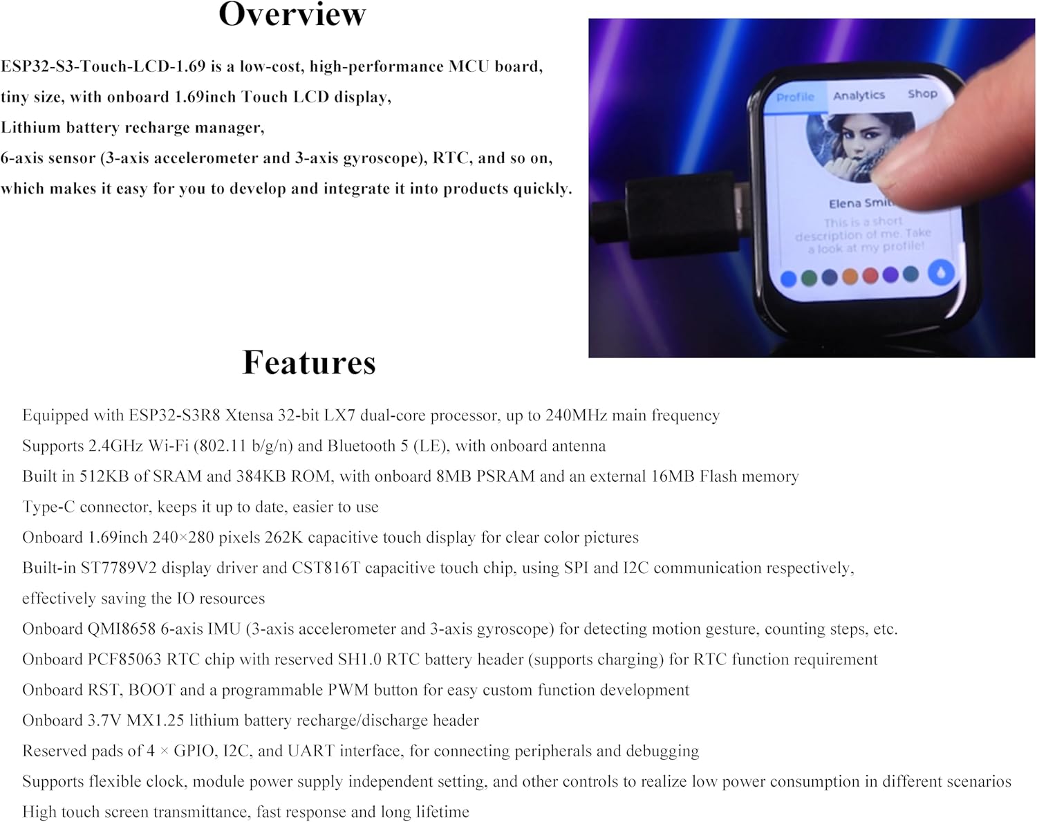 ESP32-S3 1.69inch Touch Display Development Board, 240×280 Pixels, 262K Color, Micro LCD Display with ESP32-S3, Accelerometer and Gyroscope Sensor