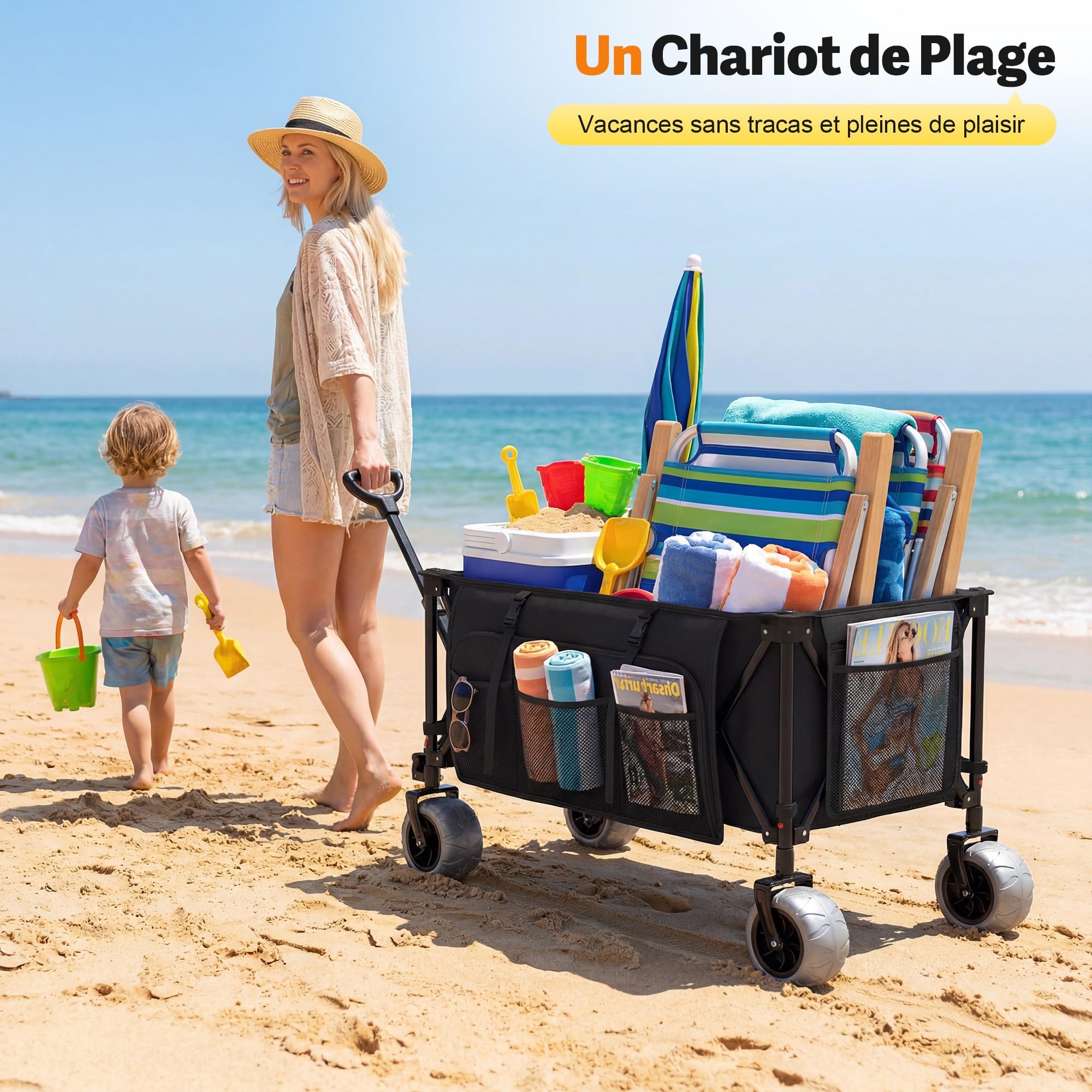 Devoko Chariot de Plage Pliable 200L 150KG, Chariot de Plage Tout Terrain avec PU Roues Extra Larges 21.5x10 cm, Charette Pliable Poignée Réglable Pivotantes à 90° pour Plage, Camping, Courses(Noir)