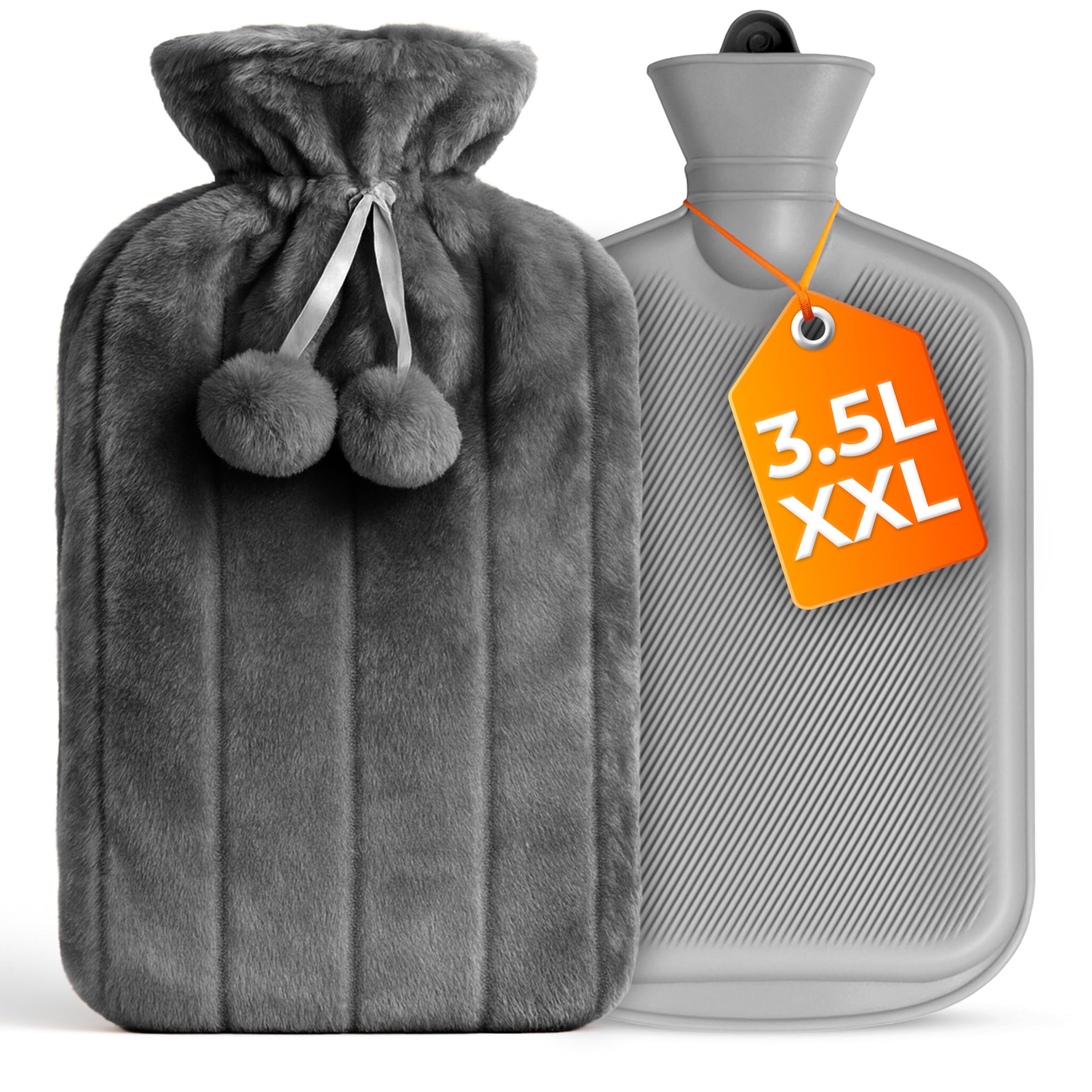 3.5L Extra Large Hot Water Bottle - Grey Faux Fur Covered Hot Water Bottle for Pain Relief, Hand and Foot Warmer - Luxury, Soft and Washable Hot Water Bag for Hot and Cold Compress
