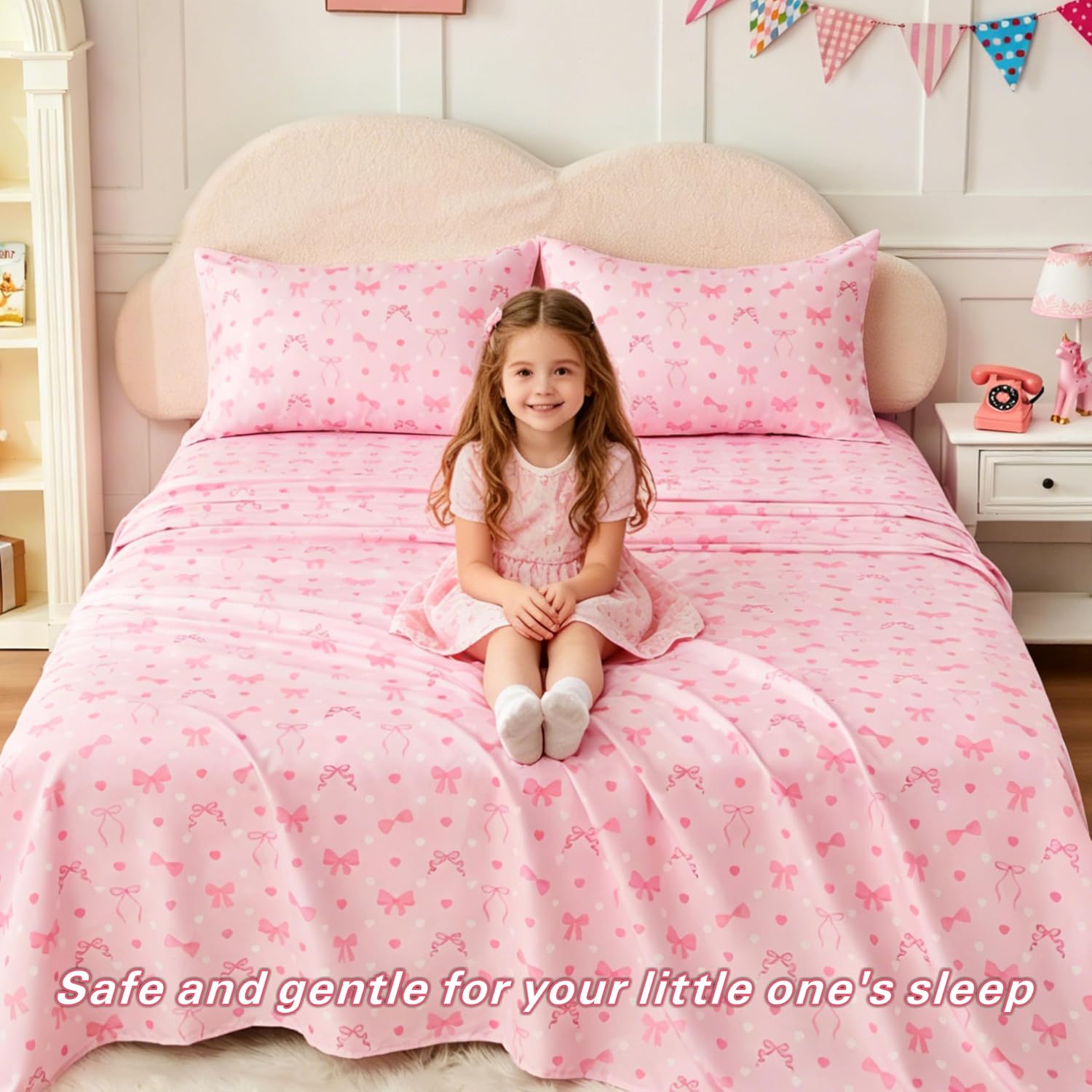 Twin Sheets Set Kids, 3 Pcs Microfiber Bed Sheets for Boys & Girls, Soft Breathable Flat Sheet Fitted Sheet & Pillowcase, Pink Bow