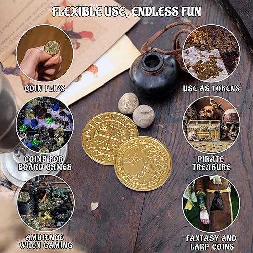 Miniatura 3 de DND - Monedas de fantasía, 50 fichas del tesoro de metal dorado antiguo con bolsa de cuero, botín de juegos, accesorios y accesorios para mazmorras
