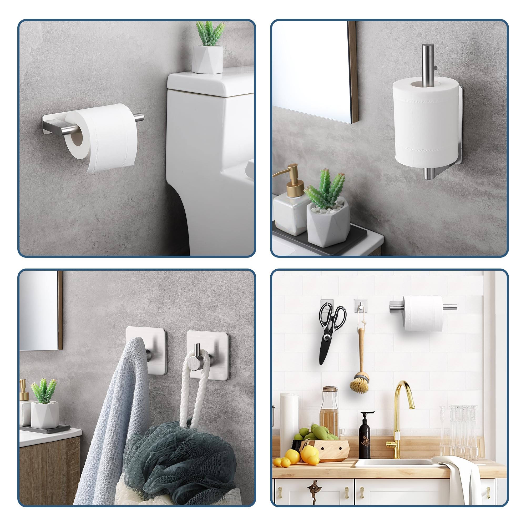 Portarrollos Papel Higienico y 2 Piezas de Ganchos Adhesivos, Portarrollos Adhesivo Baño de Pared, Portarrollos Papel Higienico Acero Inoxidable, Plata