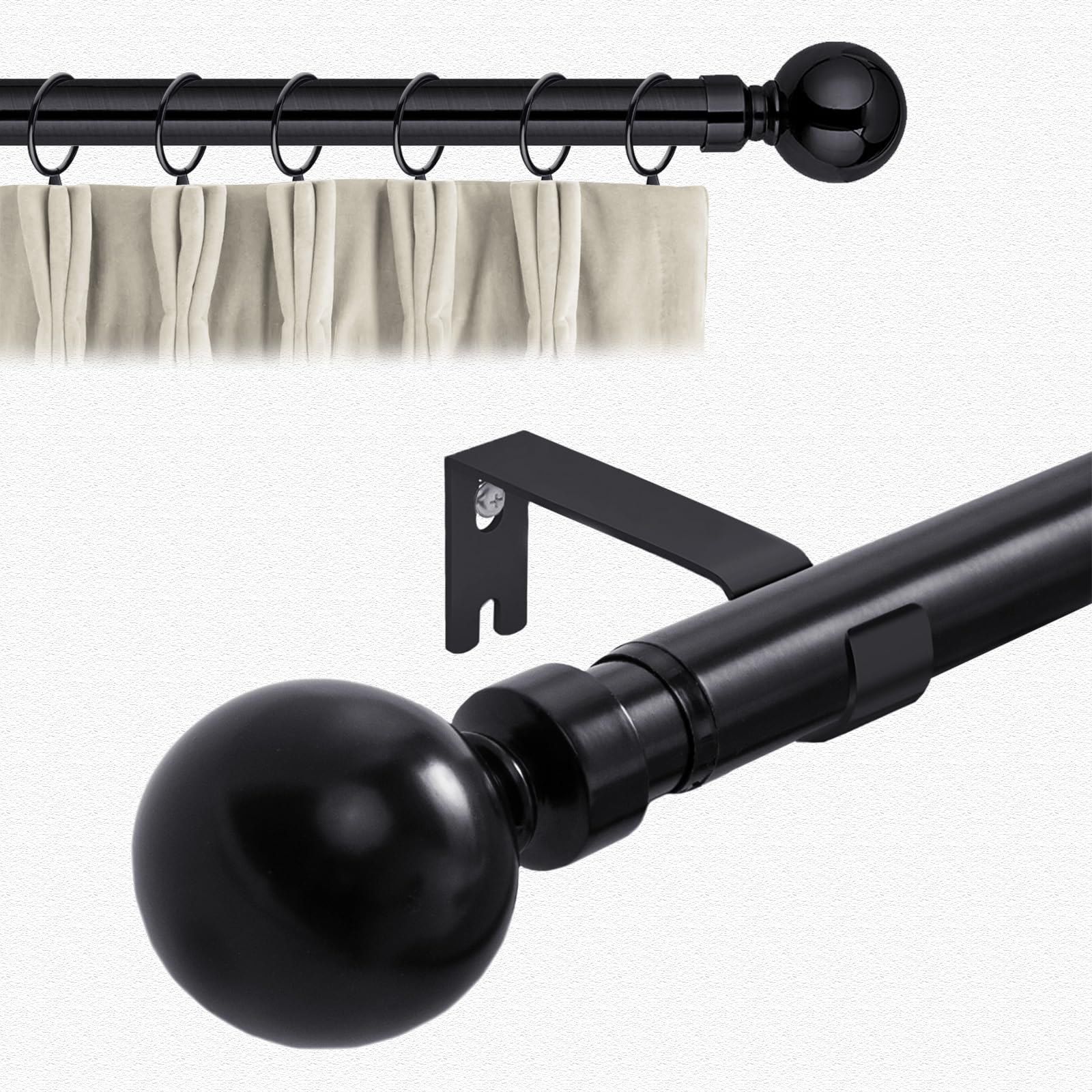 Aspire Homeware Curtain Poles Metal Plain Ball Extendable Curtain Pole 160 cm to 300 cm Matte Black Adjustable Curtain Rod 28 mm Diameter with 60 mm Finials, Rings, Brackets, and Fittings Set