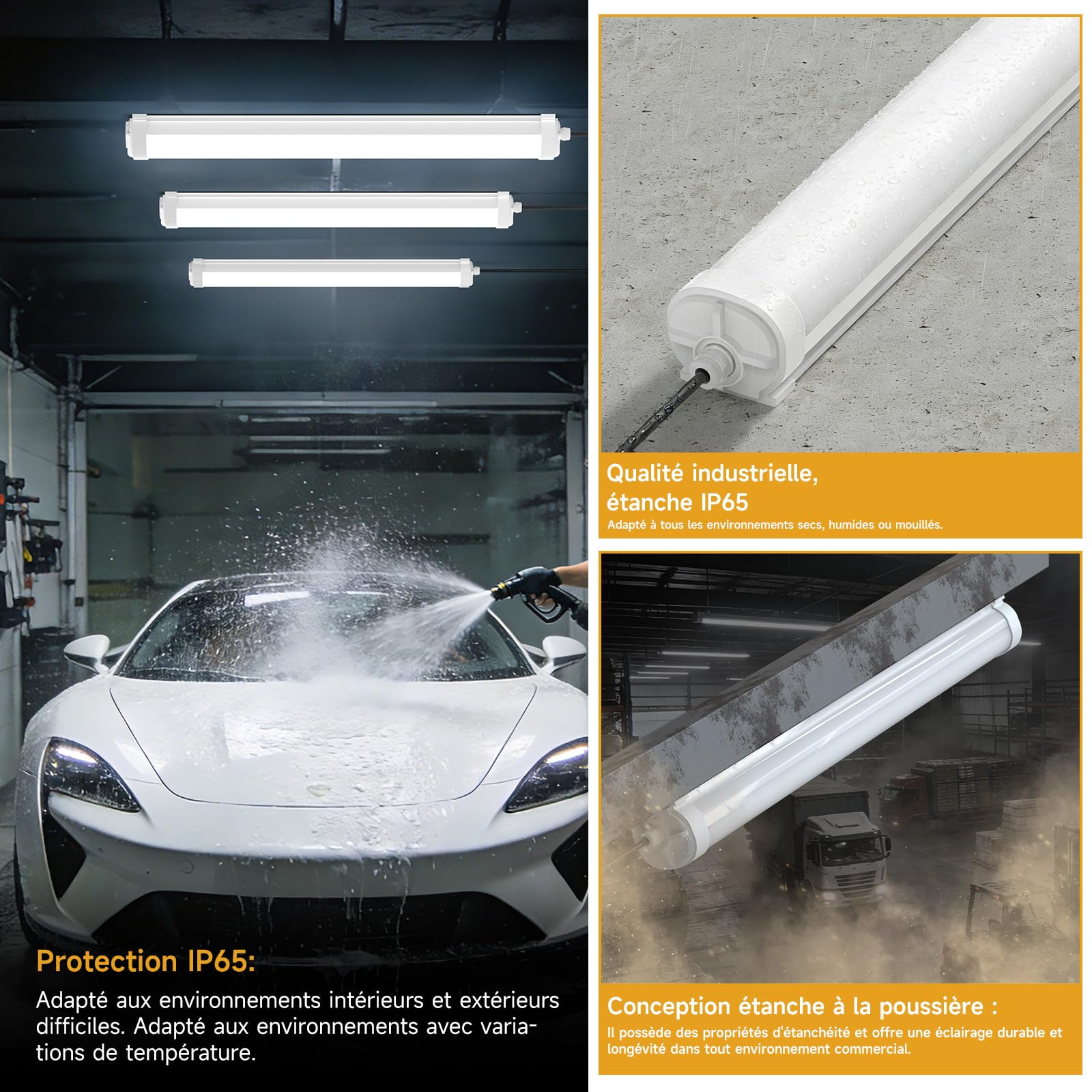 Lot de 4 Réglette LED 120cm Néon LED 6000K Blanc Froid 36W 4500LM IP65 Étanche Connectable jusqu'à 20 Unités Haute Efficacité pour Garage, Atelier, Cave, Entrepôt