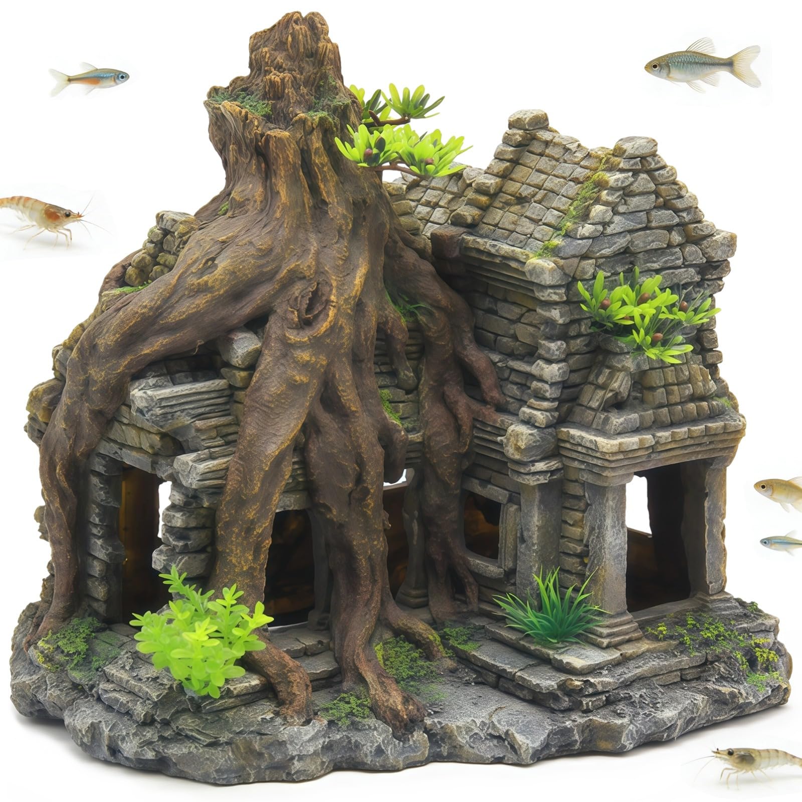 BOSREROY Decorazione per acquario in resina, 23,1 cm, grande decorazione per acquario, grotta che nasconde i pesci con struttura in pietra antica, ornamento a radice di albero, sicuro per acquari