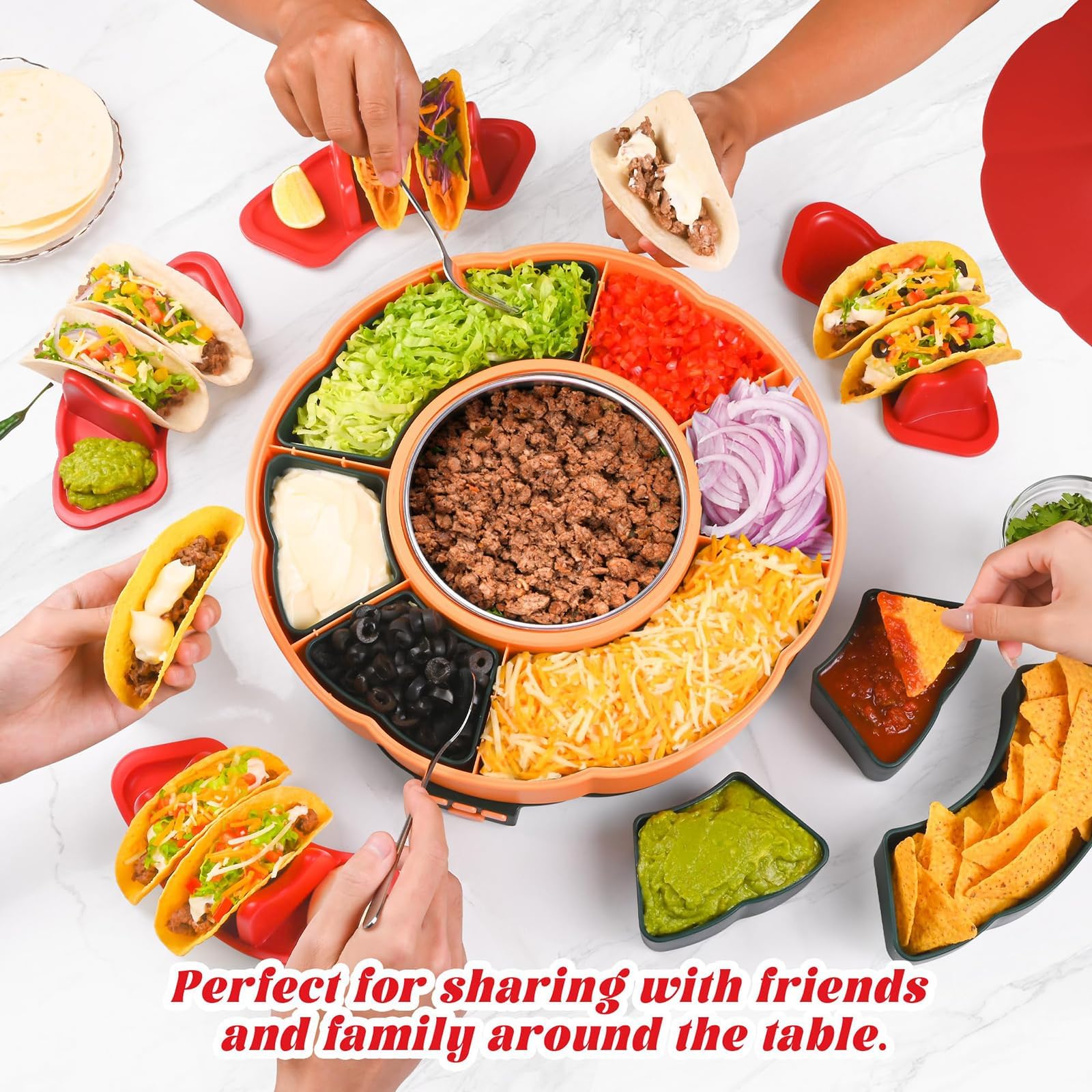 Taco Bar Servierset mit Taco-Haltern und herausnehmbaren Fächern, ideal für Nachos und Partyunterhaltung, inklusive 3-Temperaturregelung