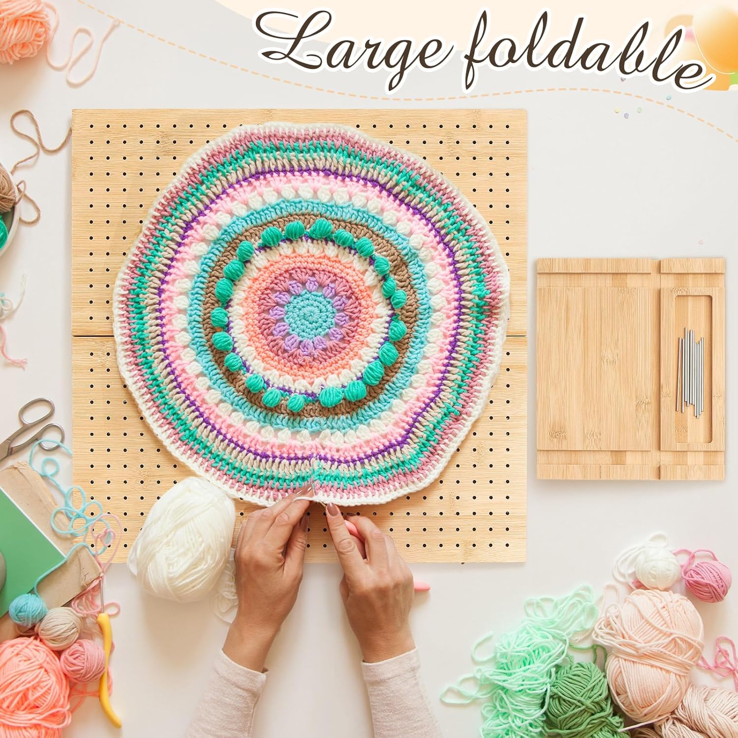 Beeveer 17x17" Foldable Crochet Blocking Board with 10 Pins/Pegs Large Blocking Board for Crocheting Knitting, Bamboo Granny Square Boards, Wooden Crocheting Accessories Gifts for Crocheters