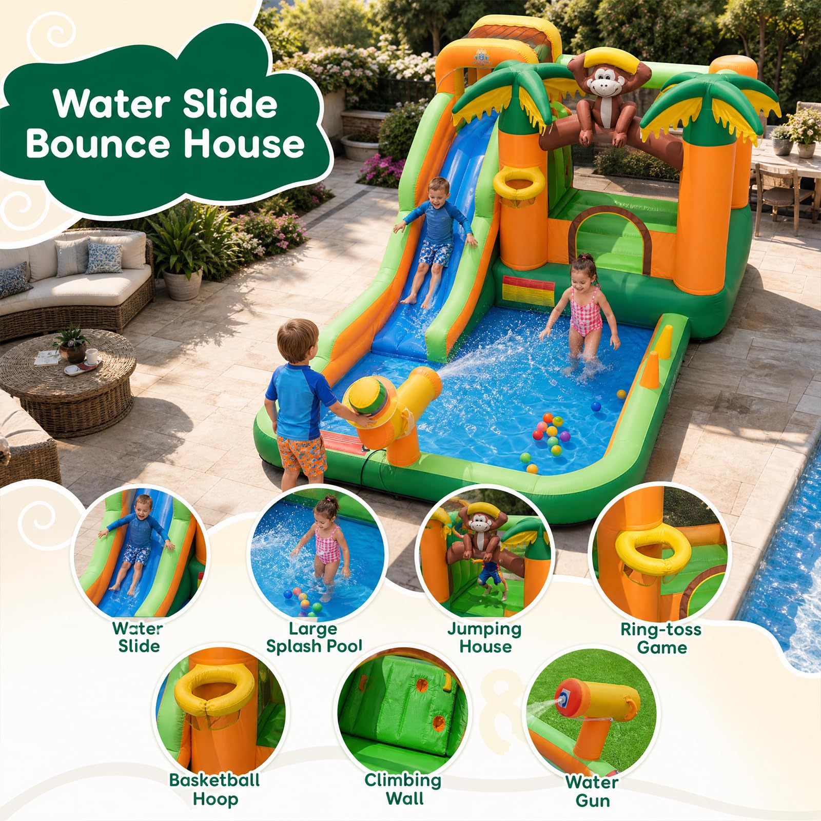 GOPLUS 7 en 1 Castillo Hinchable Mono Parque Infantil Inflable con Tobogán, para 1-3 Niños de 90 kg, 50 Bolas Oceánicas Mono, con Soplador de 680 W