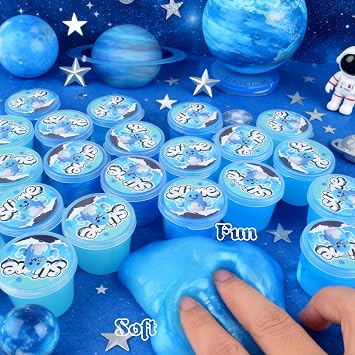 24 Pack Blue Slimes, Party Favors Kit, Mini Glow in The Dark Galaxy Bulk Slime, Stretchy Stress Relief for Kids, Soft Putty DIY Toy, Girls and Boys Classroom Supplies, Birthday, Goodie Bag Stuffers