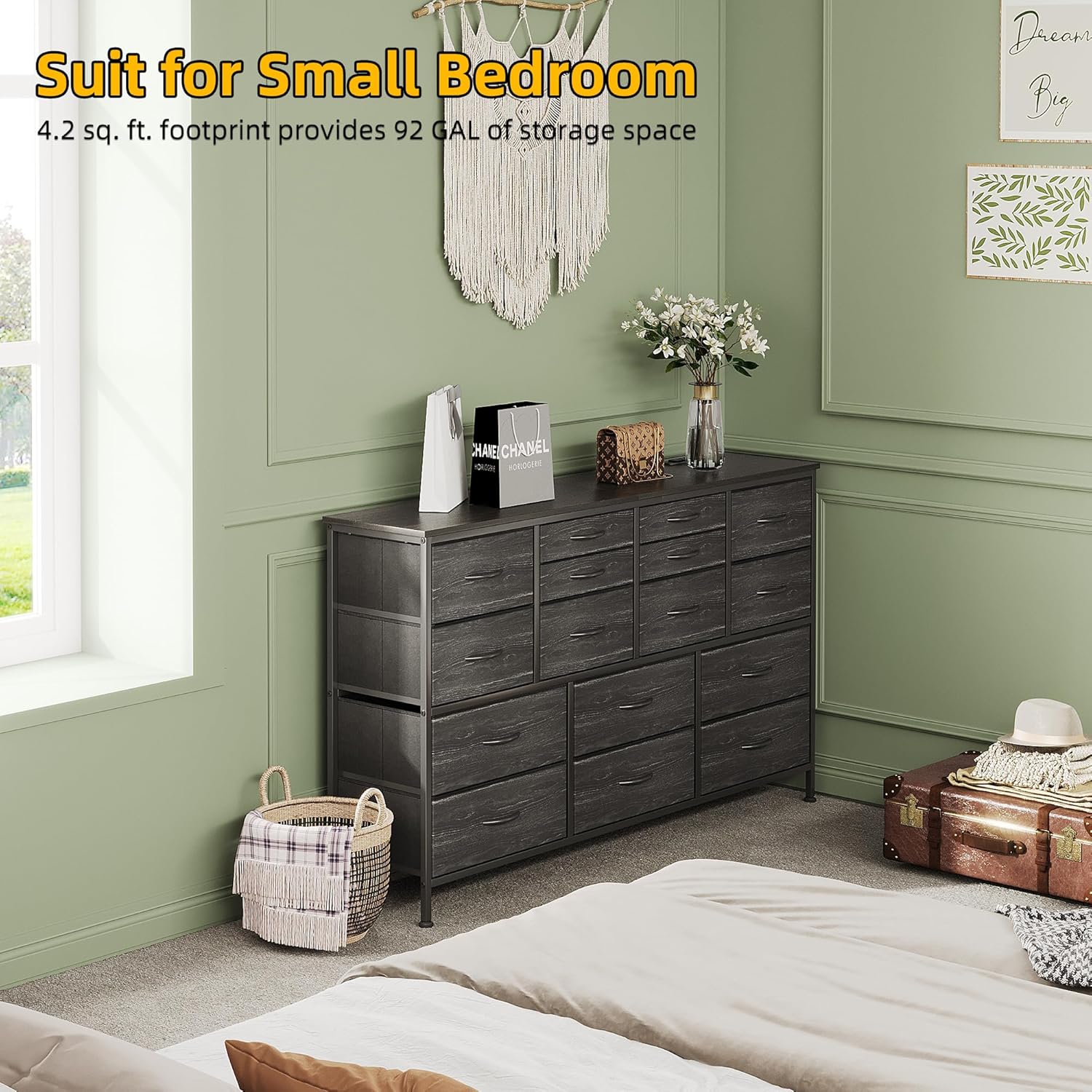 Dresser in a bedroom setting, showing its compact footprint
