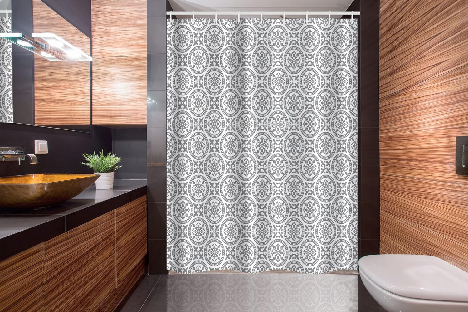 Ambesonne Grey Stall Shower Curtain, Antique Ornate Oriental Floral Motifs Retro Pattern in Modern Graphic Boho Art, Fabric Bathroom Decor Set with Hooks, 54" W x 78" L, Grey White
