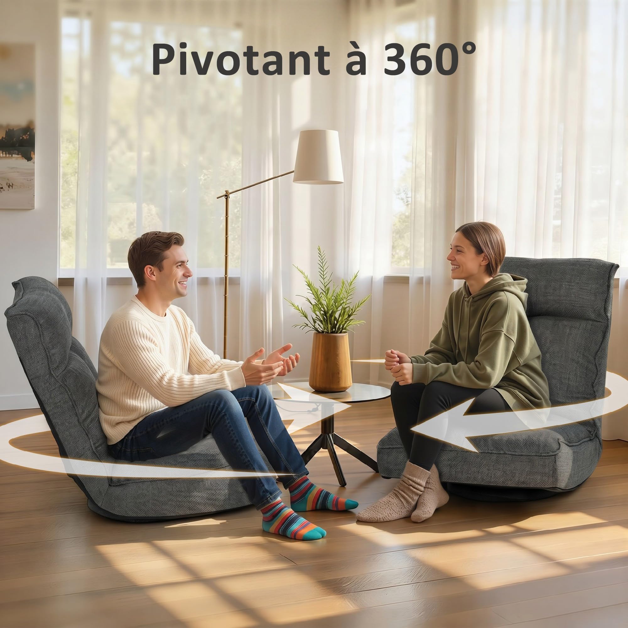 HOMCOM Fauteuil de Sol Pliable et Pivotant à 360°, Chaise de Sol Rembourrée avec Dossier Inclinable 5 Positions, Canapé Paresseux en Lin pour Salon, Bureau, Chambre, 58x107x79 cm, Gris