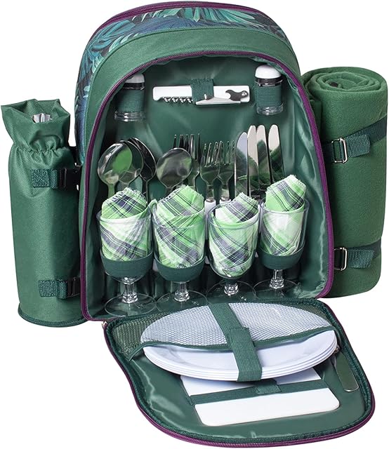 Picnic Backpack for 4 Person, Large Picnic Bag Set with Cooler Compartment, Wine Bag, Picnic Blanket for Camping, Day Travel, Hiking, BBQs, Family or Wedding Gifts (Green)