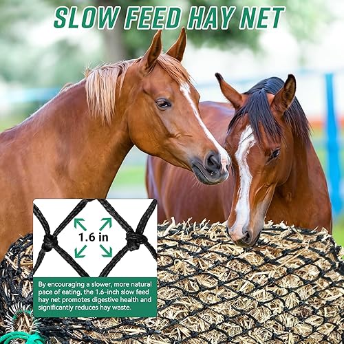 Miniatura 5 de Redes de heno cuadradas para caballos, red de alimentación lenta de polietileno premium con agujero de 1.6 pulgadas, adecuada para balas de heno de