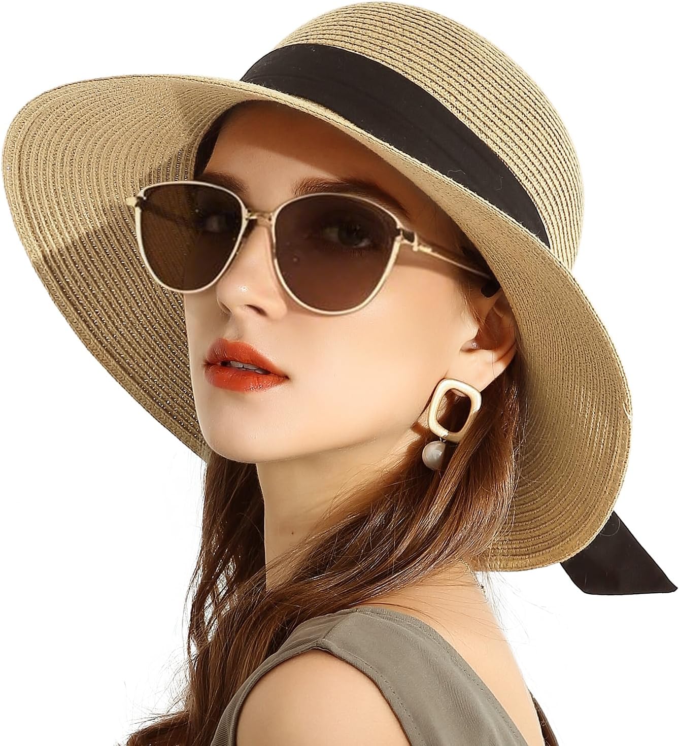Womens Straw Sun Hats Wide Brim Foldable Beach Hats UV UPF 50+ Summer Sun Travel Hat for Women