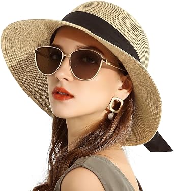 Womens Straw Sun Hats Wide Brim Foldable Beach Hats UV UPF 50+ Summer Sun Travel Hat for Women