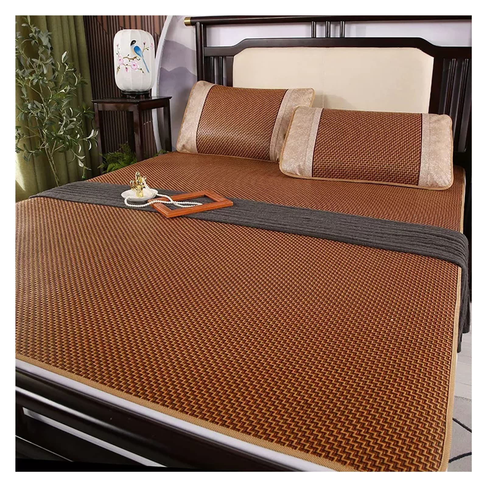 HYQOUKLR Rattan Mat Bed, Cooling Bamboo Mattress Pad Foldable Brown Multiple Sizes With Pillowcase(Brown a,150x200cm)