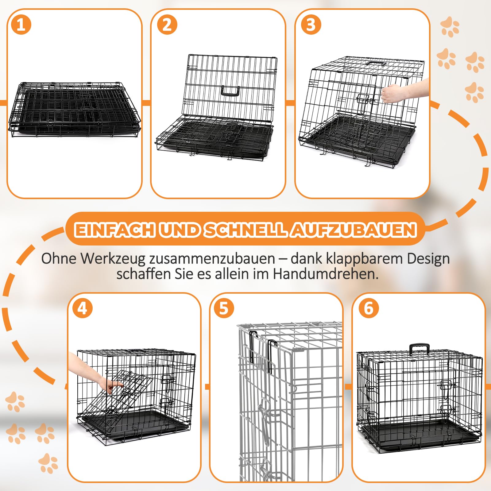 Hundekäfig faltbar 60 x 42.5 x 48 cm,S,2 Türen,Metall Draht,mit ausziehbarer Kunststoffschale & Abnehmbarer Trennwand,Schwarz,Hundebox für Zuhause & Transport