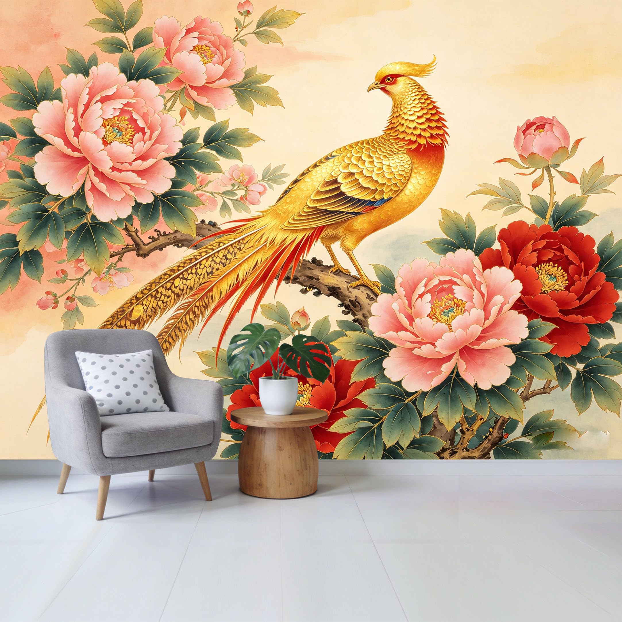Qzlithotic Yq2605250237 Custom Size Wall Mural Golden Chinese Phoenix Bird Blooming Peony Flower Watercolor Oil Painting Selfadhesive Wall Fabric Removable Wallpaper For Home Office Decor