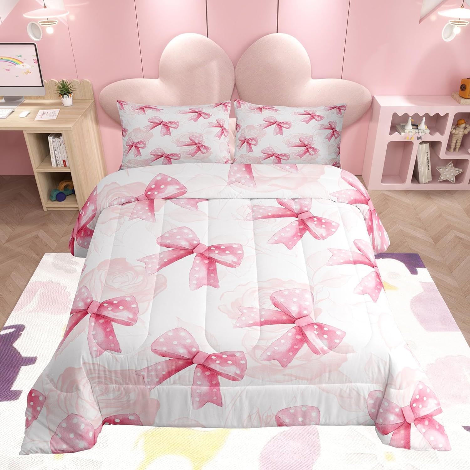 Feelyou Kids Pink Bow Bedding Set Toddler Size, Cute Bowknot Comforter Set Boys Girls Romantic Rose Duvet Insert Teens Bedroom Decor Bed Set 2Pcs
